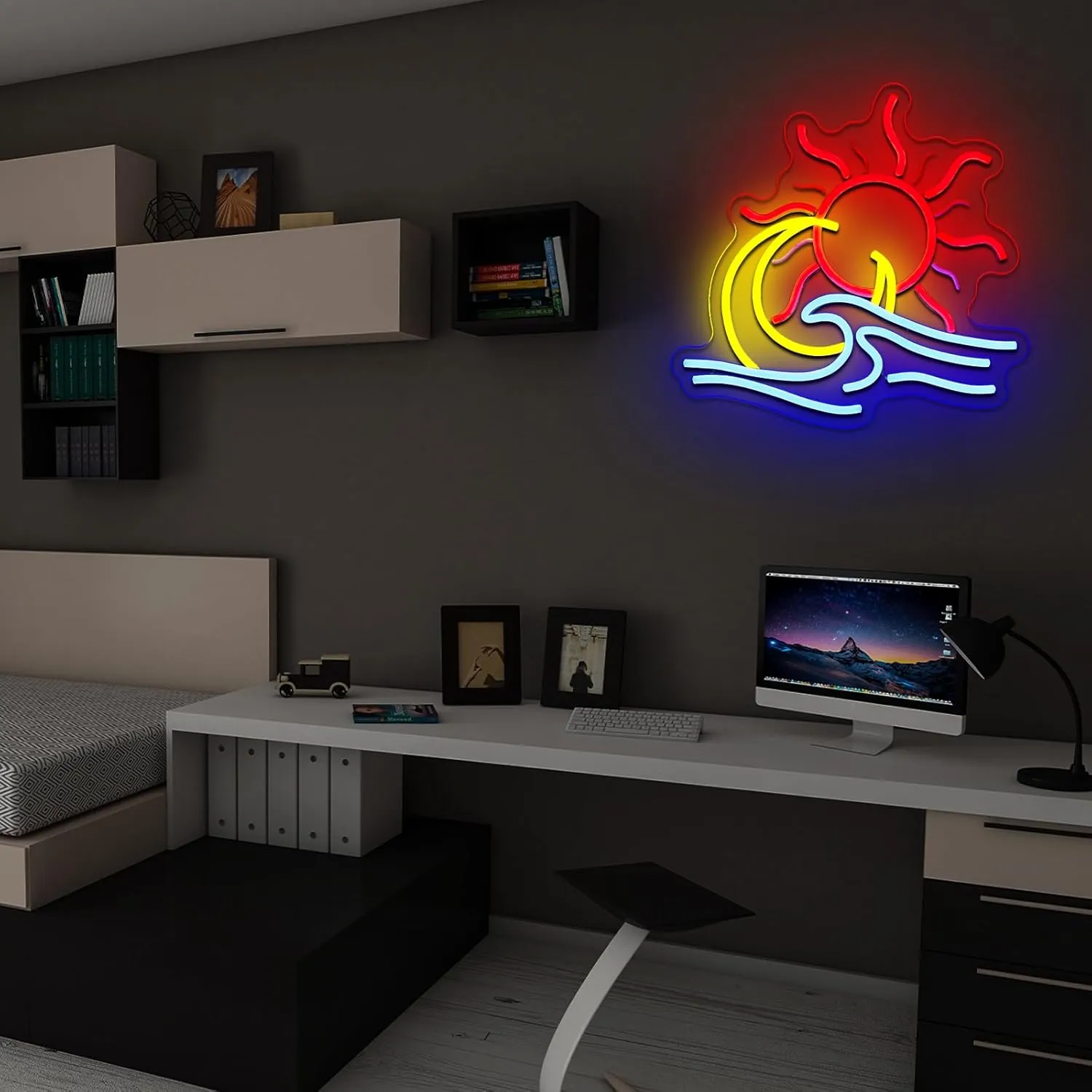 Sun Moon Waves Neon Sign for Wall Decor, Sun Moon Ocean Led Signs for Room, USB Dimmable Sunrise Neon Lights for Bedroom Home Living Room Party Game Zone Man Cave Pub Office Wall Art