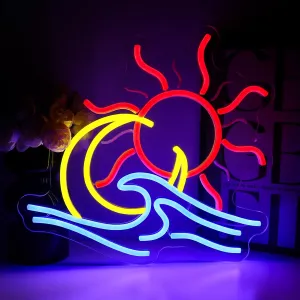 Sun Moon Waves Neon Sign for Wall Decor, Sun Moon Ocean Led Signs for Room, USB Dimmable Sunrise Neon Lights for Bedroom Home Living Room Party Game Zone Man Cave Pub Office Wall Art