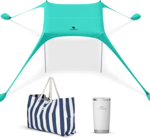 SUN NINJA Beach Tent Bundle with XL Beach Bag, 20oz Tumbler, UPF 50  Sun Shelter, Water-Resistant Tote, Insulated Tumbler for Cold Drinks, Easy Setup & Portable, Complete Beach Day Set