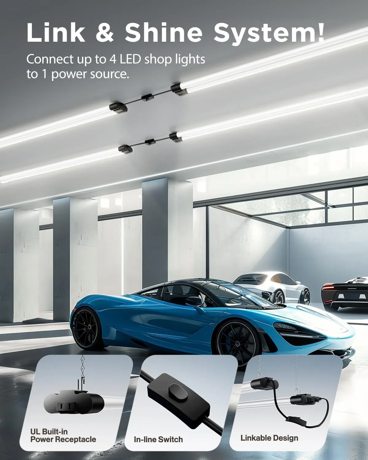 Sunco LED Shop Lights for Workshop 4FT, Linkable Garage Lighting, 4500 LM, 40W (150W Equivalent), 5000K Daylight, Surface   Suspension Mount, 48 Inch Integrated Fixture, Black 4 Pack