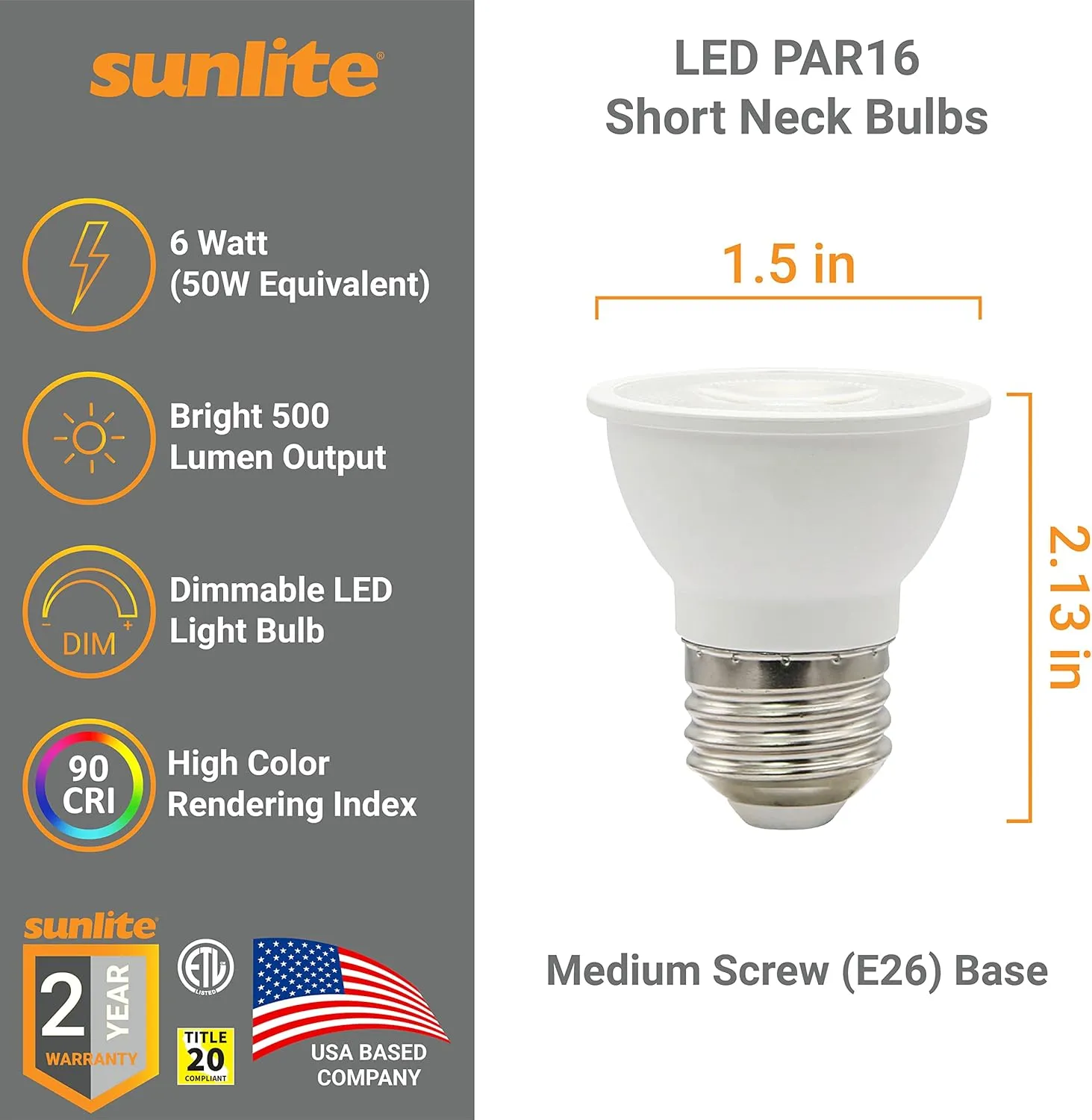 Sunlite LED PAR16 Short Neck Recessed Flood Light Bulb 6-Watt, (50W Halogen Replacement), 500 Lumens, Medium E26 Base, Dimmable, 90 CRI, ETL Listed, Title 20 Compliant, 12 Count, 3000K Warm White