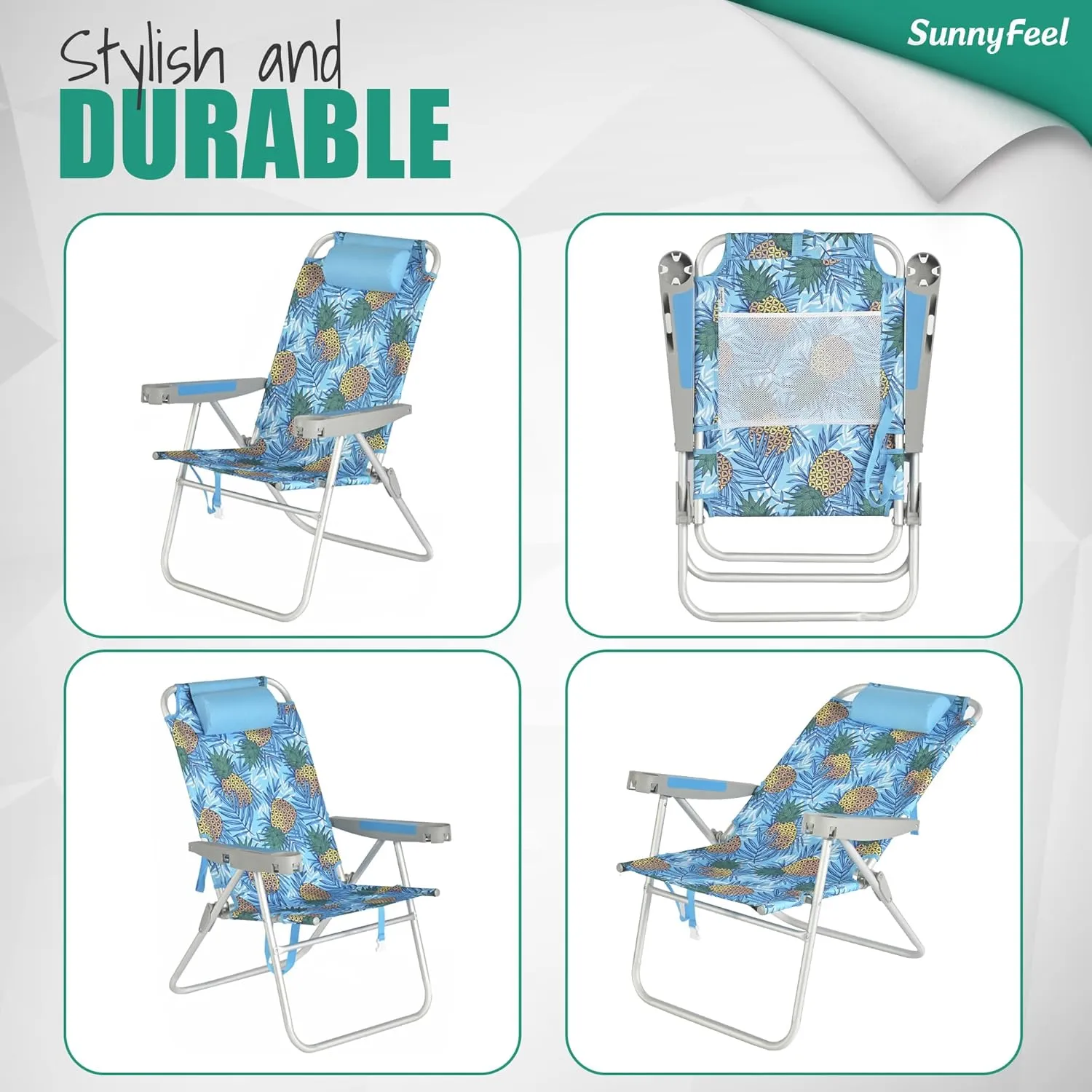 SUNNYFEEL 17" Tall Oversized Beach Chairs 2 Pack for Adults Heavy Duty 500 LBS, 5 Position, Portable High Folding Camping Chair with Cup Holder for Outdoor/Lawn/Trip, Foldable Sand Chairs for Adults