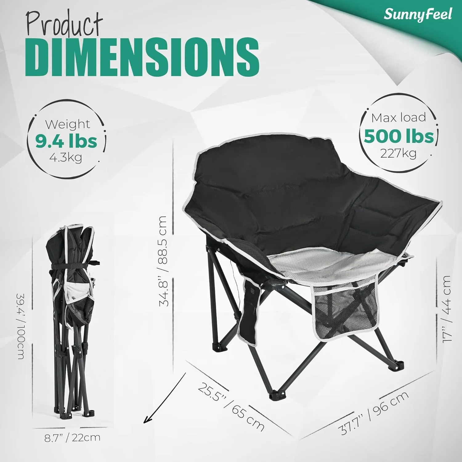 SUNNYFEEL Oversized Heated Camping Chair, Padded Heating Camp Chairs Moon Saucer Folding Lawn Chair for Outdoor Sports with Back, Seat Heating, Heated Folding Chair for Adults Heavy Duty 500lbs