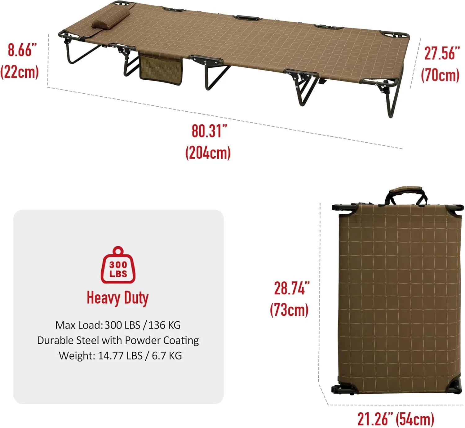 SunnyFeel Portable Folding Camping Cot High Off Ground, Outdoor Sleeping Cots for Adults Heavy Duty, Easy Set up and with Compact Folding Size, Support 300 LBS for Travel Camp Vacation Home Office Nap
