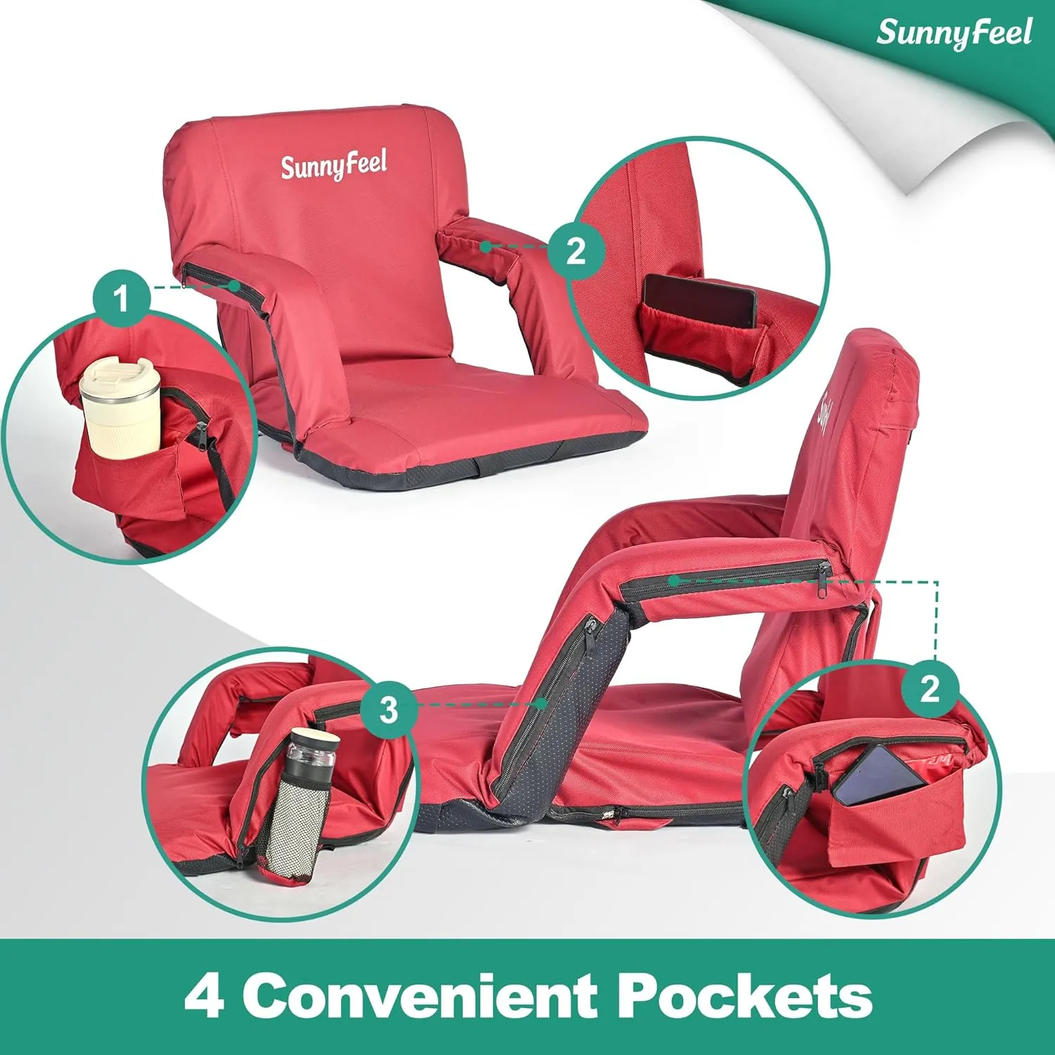 SUNNYFEEL Stadium Seats with Back Support Cushion Wide for Bleachers, Bleacher Chairs with Back and Cushion Padded Portable, Stadium Chairs with 5 Hidden Pockets (Red-2 Pack, Regular Wide 21.26'')