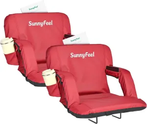 SUNNYFEEL Stadium Seats with Back Support Cushion Wide for Bleachers, Bleacher Chairs with Back and Cushion Padded Portable, Stadium Chairs with 5 Hidden Pockets (Red-2 Pack, Regular Wide 21.26'')