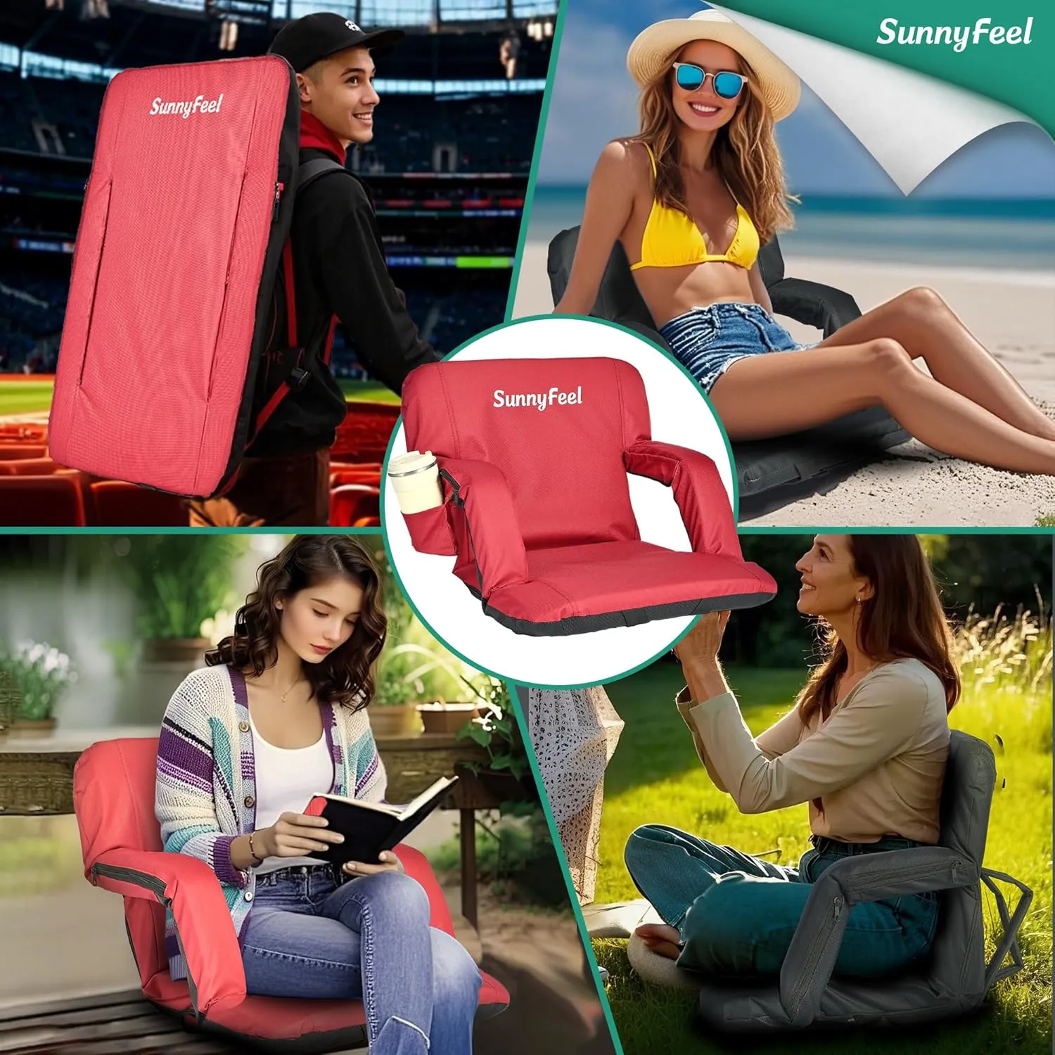 SUNNYFEEL Stadium Seats with Back Support Cushion Wide for Bleachers, Bleacher Chairs with Back and Cushion Padded Portable, Stadium Chairs with 5 Hidden Pockets (Red-2 Pack, Regular Wide 21.26'')