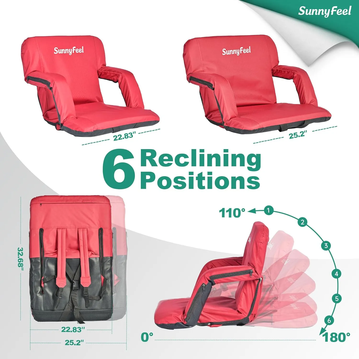 SUNNYFEEL Stadium Seats with Back Support Cushion Wide for Bleachers, Bleacher Chairs with Back and Cushion Padded Portable, Stadium Chairs with 5 Hidden Pockets (Red-2 Pack, Regular Wide 21.26'')
