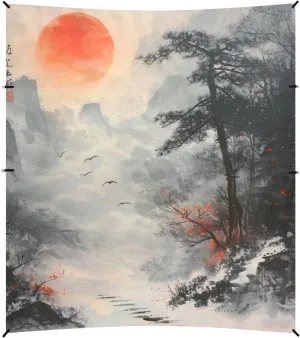 Sunset Landscape Chinese Ink Painting Foldable Beach Canopy UPF50 Lightweight Shade Sun Shelter with Sandbags, Sand Shovel, Poles for Backyard, Grassland, Park