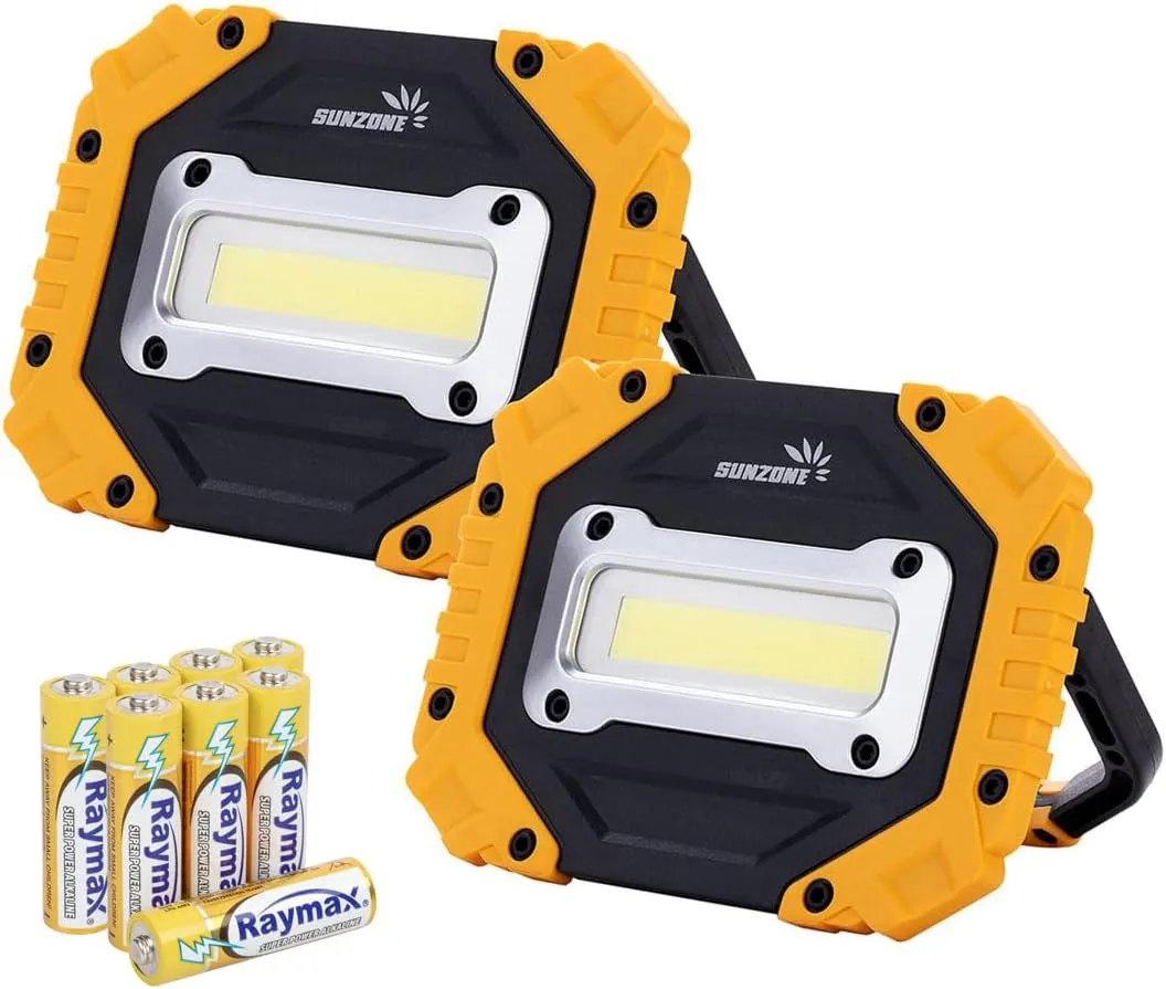Sunzone Portable LED Work Light,AA Battery Powered Flood Lights,Super Bright Workshop Job Site Lighting for Camping, Hiking, Fishing, Car Repair with Emergency SOS Mode (2 Pack)