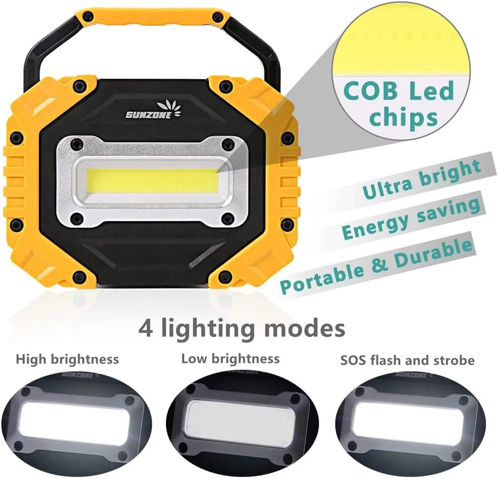 Sunzone Portable LED Work Light,AA Battery Powered Flood Lights,Super Bright Workshop Job Site Lighting for Camping, Hiking, Fishing, Car Repair with Emergency SOS Mode (2 Pack)