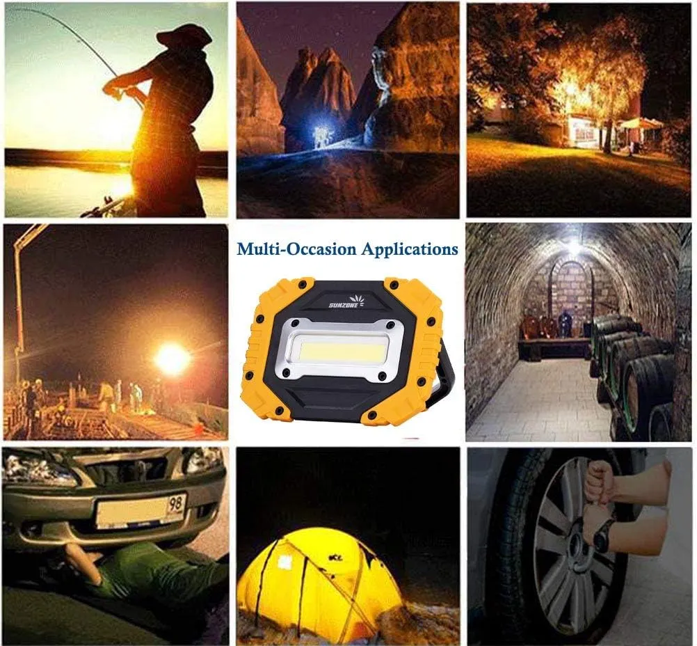 Sunzone Portable LED Work Light,AA Battery Powered Flood Lights,Super Bright Workshop Job Site Lighting for Camping, Hiking, Fishing, Car Repair with Emergency SOS Mode (2 Pack)