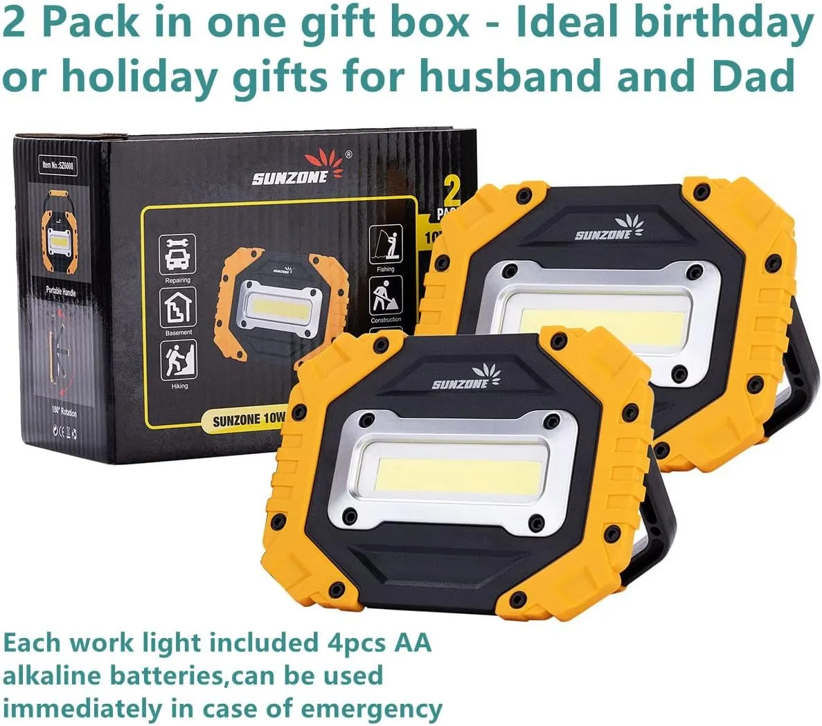 Sunzone Portable LED Work Light,AA Battery Powered Flood Lights,Super Bright Workshop Job Site Lighting for Camping, Hiking, Fishing, Car Repair with Emergency SOS Mode (2 Pack)