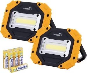 Sunzone Portable LED Work Light,AA Battery Powered Flood Lights,Super Bright Workshop Job Site Lighting for Camping, Hiking, Fishing, Car Repair with Emergency SOS Mode (2 Pack)
