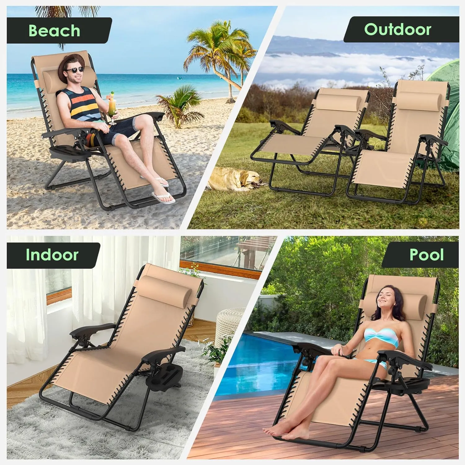 Suteck Zero Gravity Chairs Set of 2, Zero Gravity Lounge Chair w/Upgraded Lock, Big Cup Holder and Pillow, Reclining Patio Chairs Folding Recliner for Indoor and Outdoor, Khaki