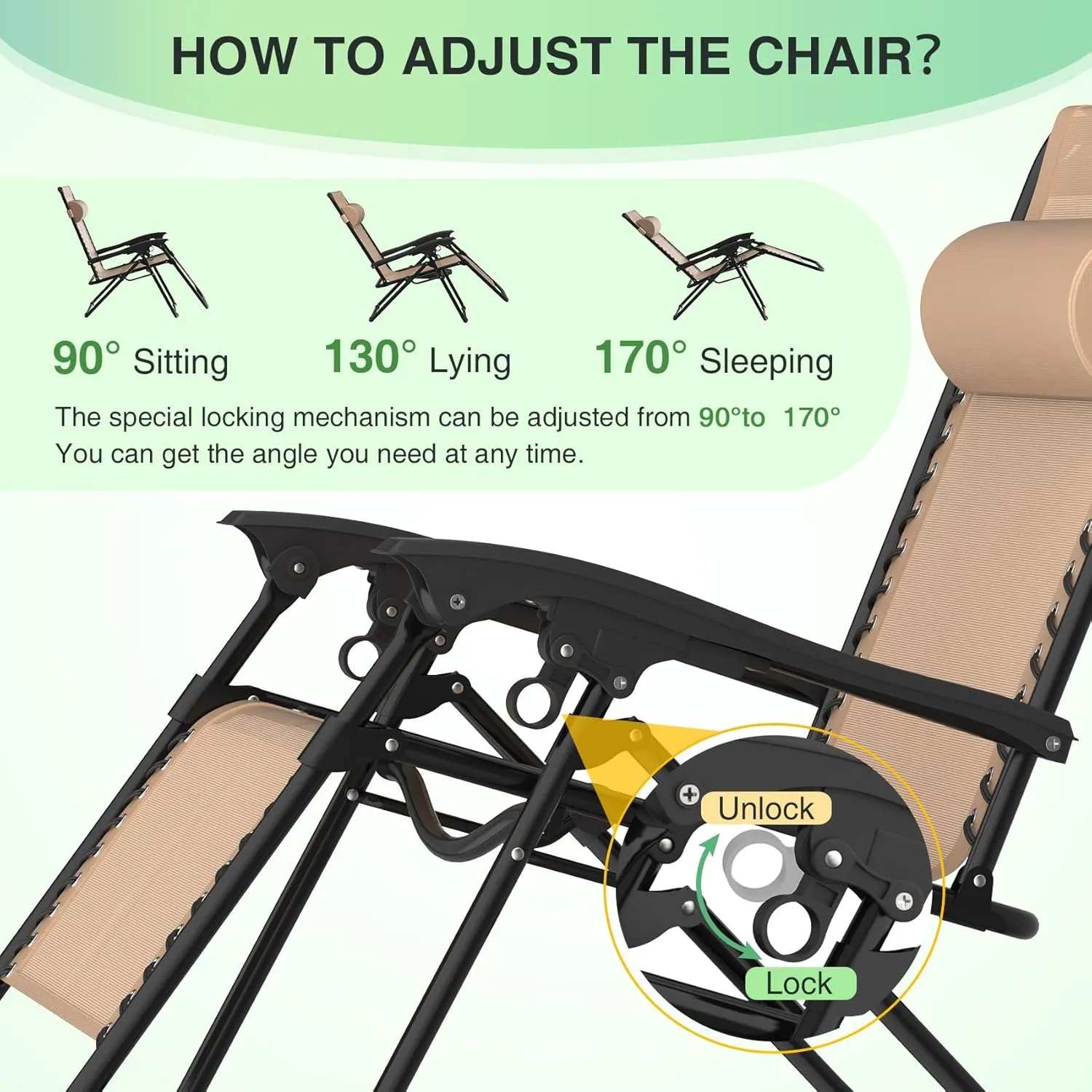 Suteck Zero Gravity Chairs Set of 2, Zero Gravity Lounge Chair w/Upgraded Lock, Big Cup Holder and Pillow, Reclining Patio Chairs Folding Recliner for Indoor and Outdoor, Khaki