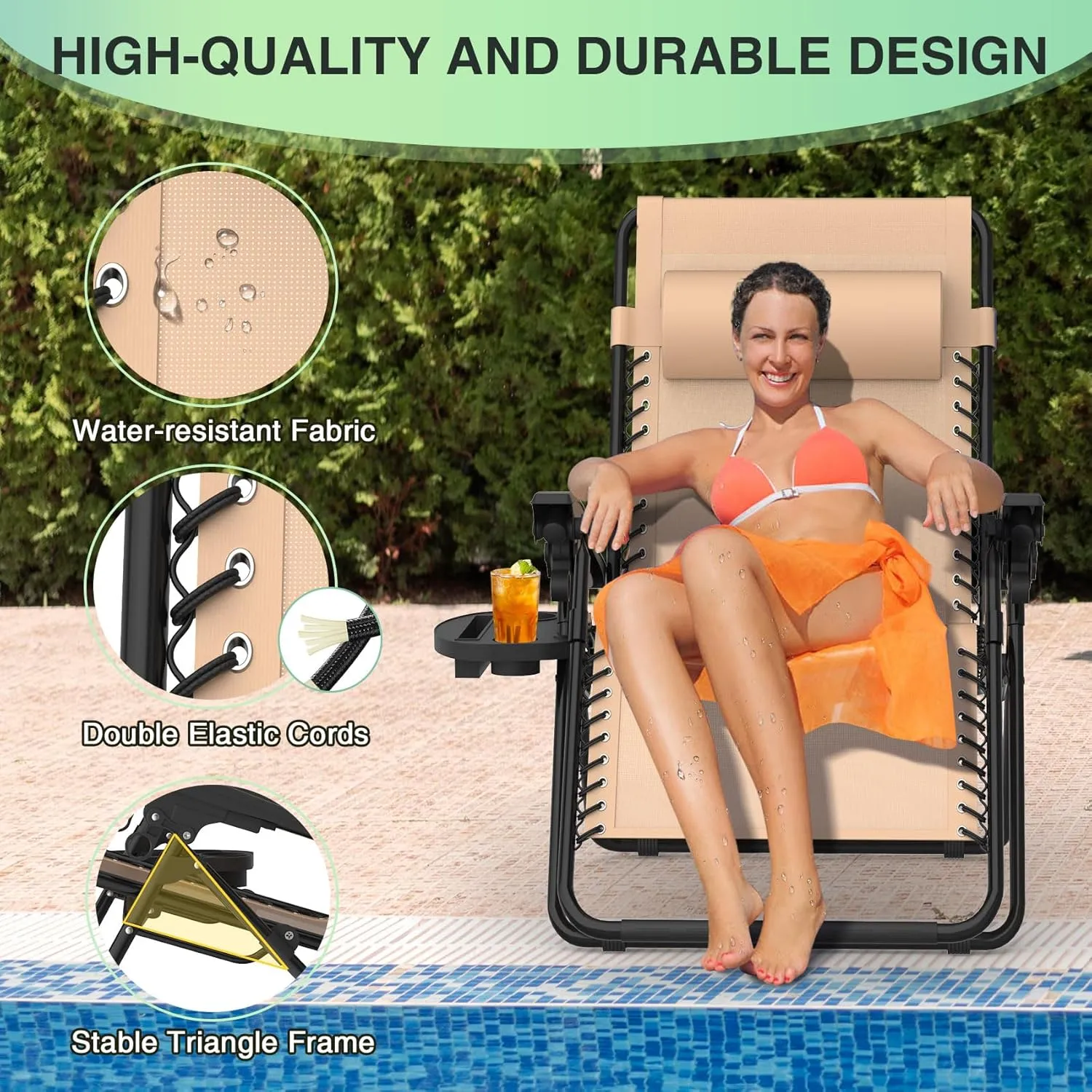 Suteck Zero Gravity Chairs Set of 2, Zero Gravity Lounge Chair w/Upgraded Lock, Big Cup Holder and Pillow, Reclining Patio Chairs Folding Recliner for Indoor and Outdoor, Khaki
