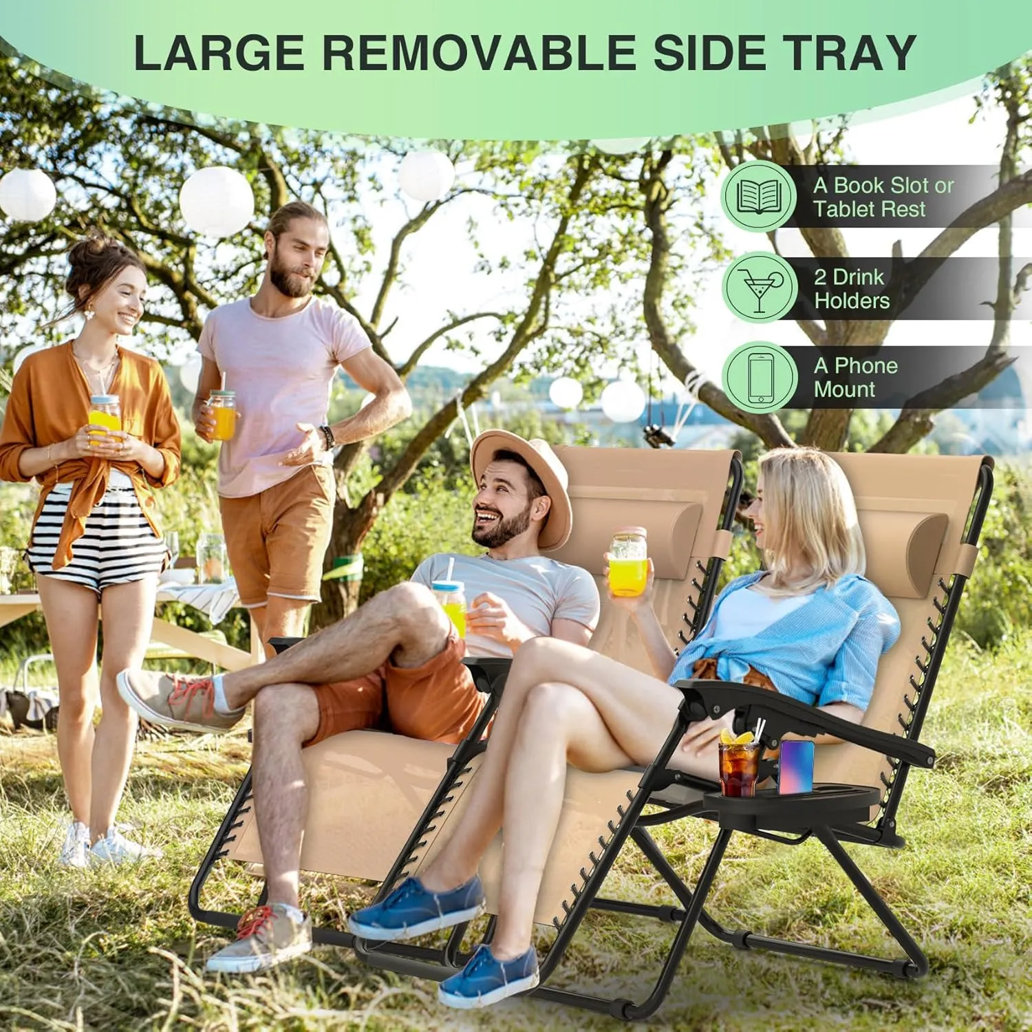 Suteck Zero Gravity Chairs Set of 2, Zero Gravity Lounge Chair w/Upgraded Lock, Big Cup Holder and Pillow, Reclining Patio Chairs Folding Recliner for Indoor and Outdoor, Khaki