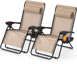 Suteck Zero Gravity Chairs Set of 2, Zero Gravity Lounge Chair w/Upgraded Lock, Big Cup Holder and Pillow, Reclining Patio Chairs Folding Recliner for Indoor and Outdoor, Khaki