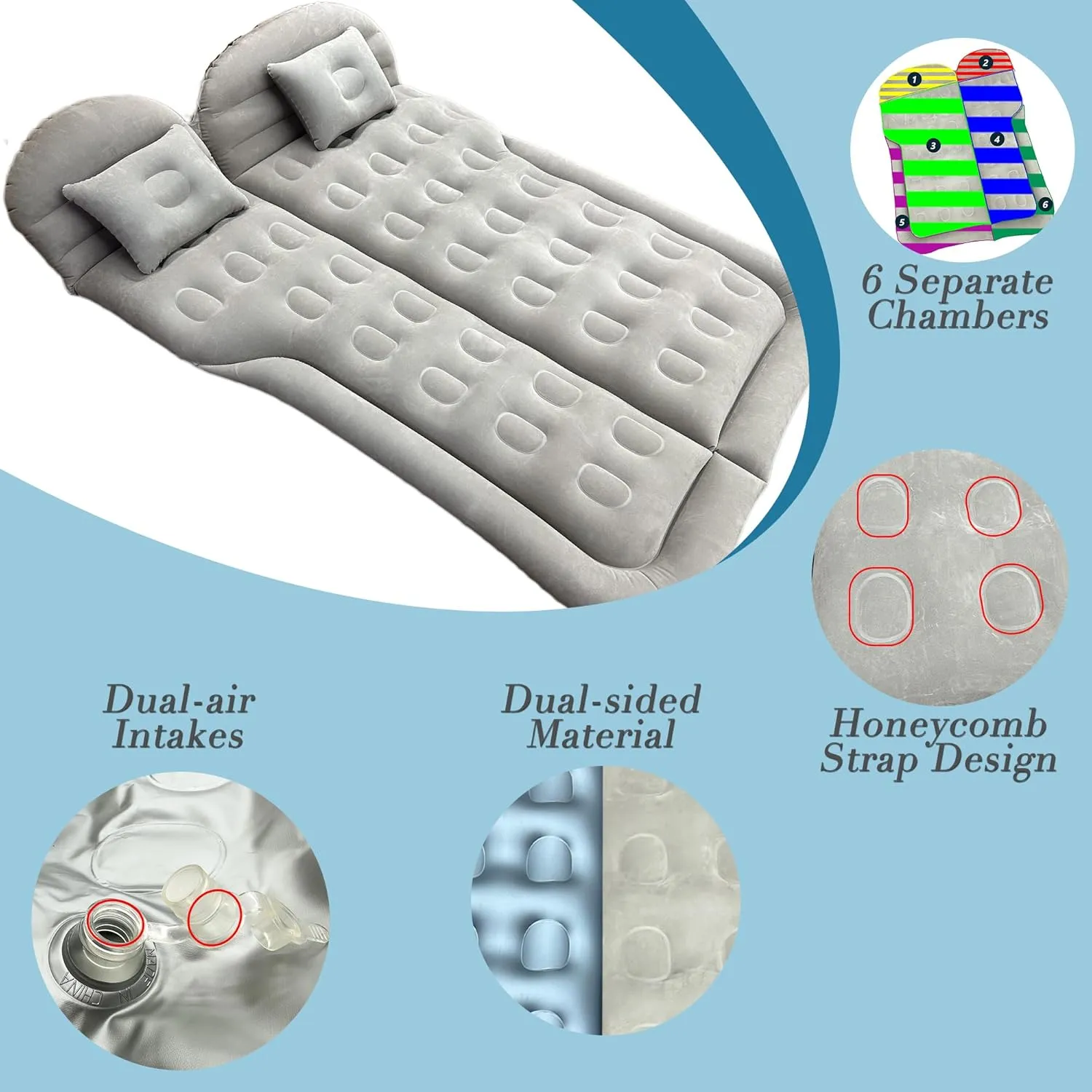 SUV Mattress for Camping, Car Air Mattress with Pump and Pillow, Foldable Camping Bed, Inflatable Sleeping Pad for Car Truck/Backseat, Travel Bed for Road Trip (Grey)