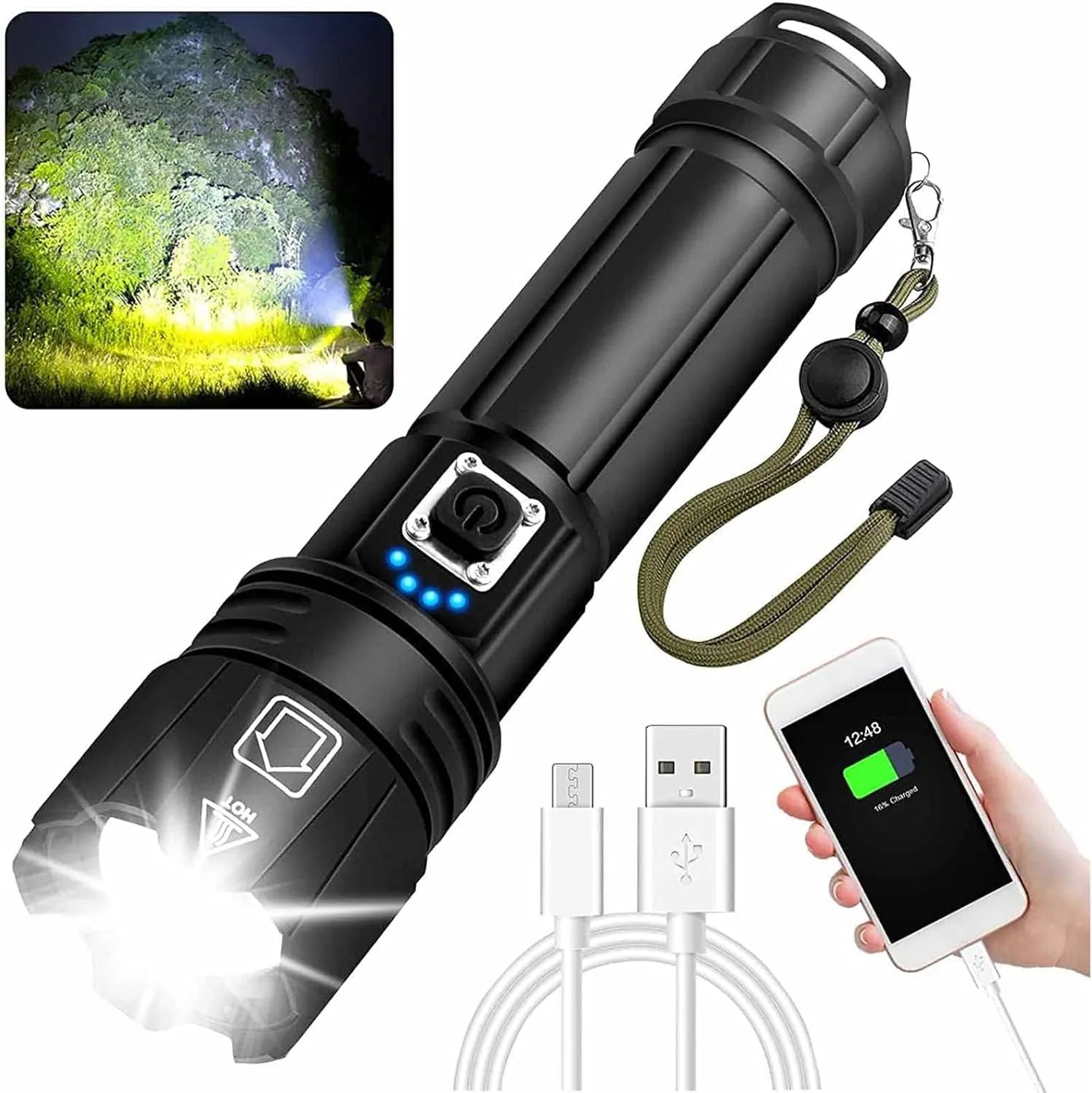 Swanlake Rechargeable Tactical Flashlight High Lumens XHP70 Super Bright 20000 Lumens with Output Function Zoomable IPX6 Waterproof Powerful Flashlight for Camping (1Pack)