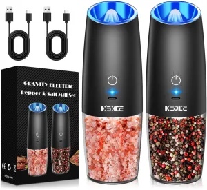 Sweet Alice Rechargeable Electric Pepper and Salt Grinder Set, No Battery Needed, whit Gravity Sensing Switch and LED Light, One Hand Automatic Operation, Black 2 Pack