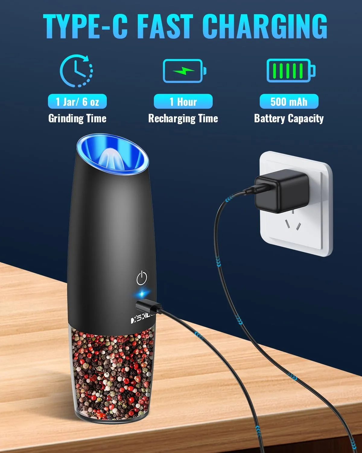 Sweet Alice Rechargeable Electric Pepper and Salt Grinder Set, No Battery Needed, whit Gravity Sensing Switch and LED Light, One Hand Automatic Operation, Black 2 Pack