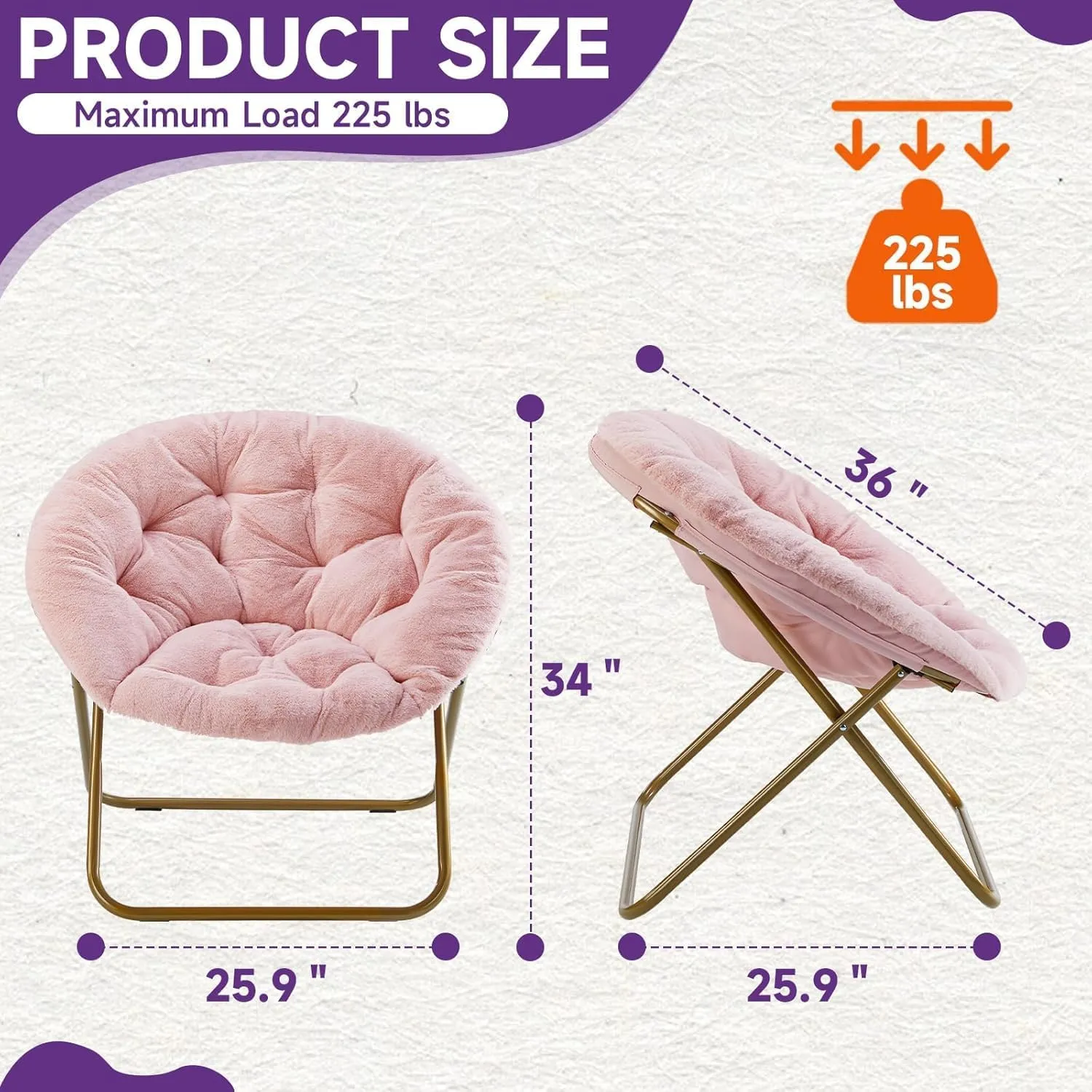 Sweetcrispy Comfy Saucer Chairs Folding Cozy Faux Fur Living Room Reading Lounge Chair with Soft Thick Padded Seat & Metal Frame Modern Style Bedroom Home for Kids Adults, X-Large - Pink