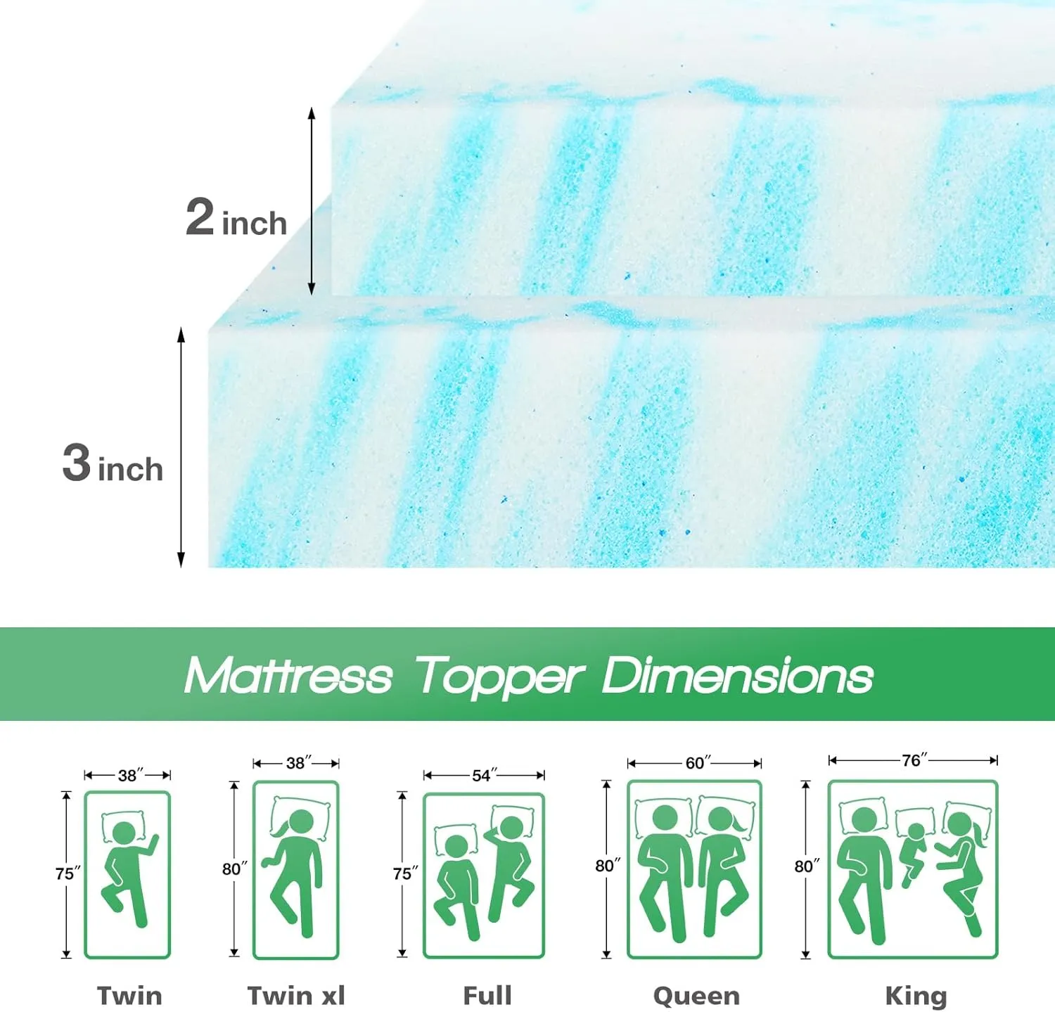 Sweetcrispy Mattress Topper Full, 2 Inch Thick Memory Foam Gel Infused Cooling Toppers Pad for Full Size Bed, Sleeper Sofa, RV, Camper, CertiPUR US Certified, Ventilated and Breathable, Blue, Full