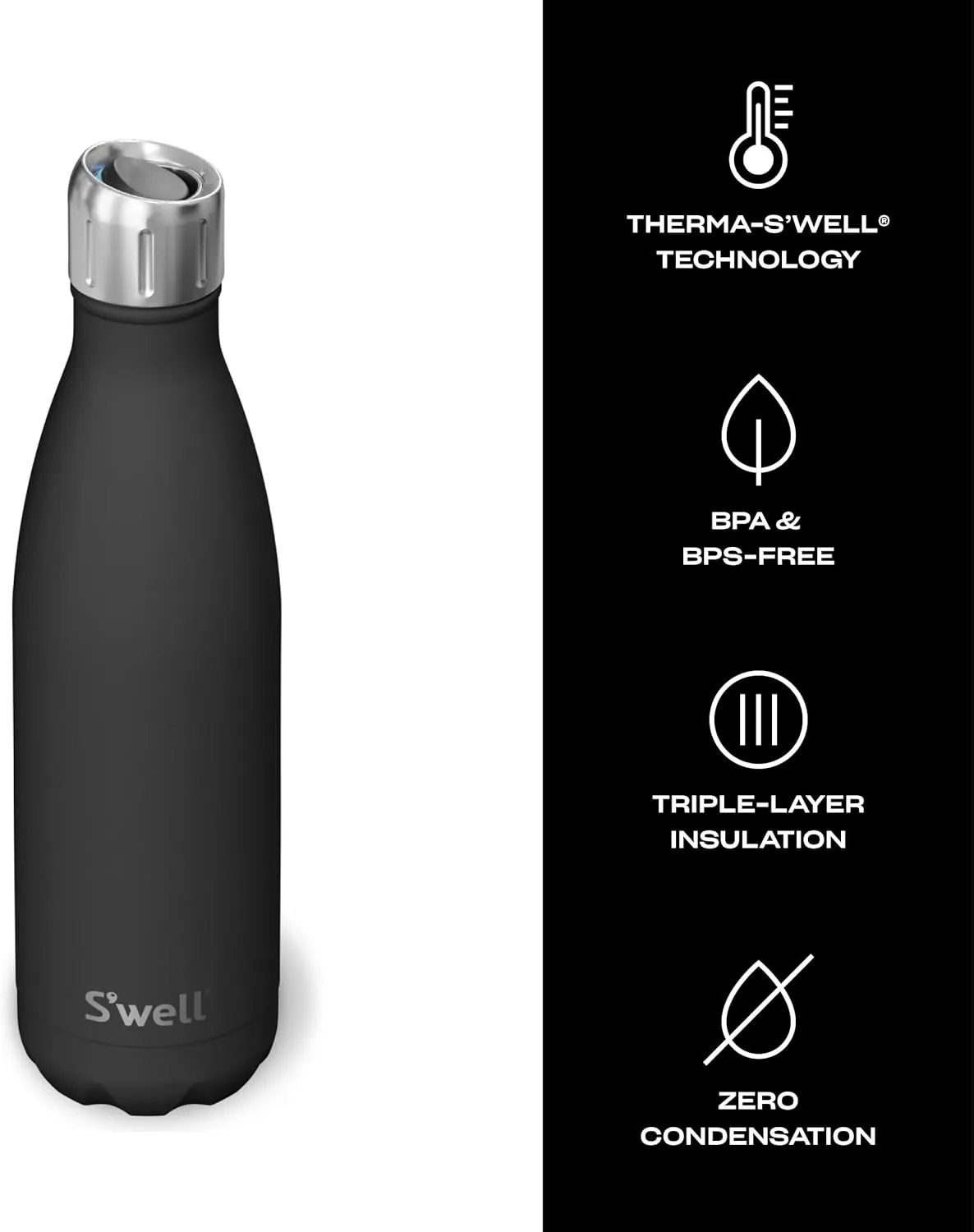 S'well Stainless Steel Water Bottle with Sports Cap, 17oz, Onyx, Triple Layered Vacuum Insulated Containers Keeps Drinks Cold for 36 Hours and Hot for 10, BPA Free, Perfect for On the Go