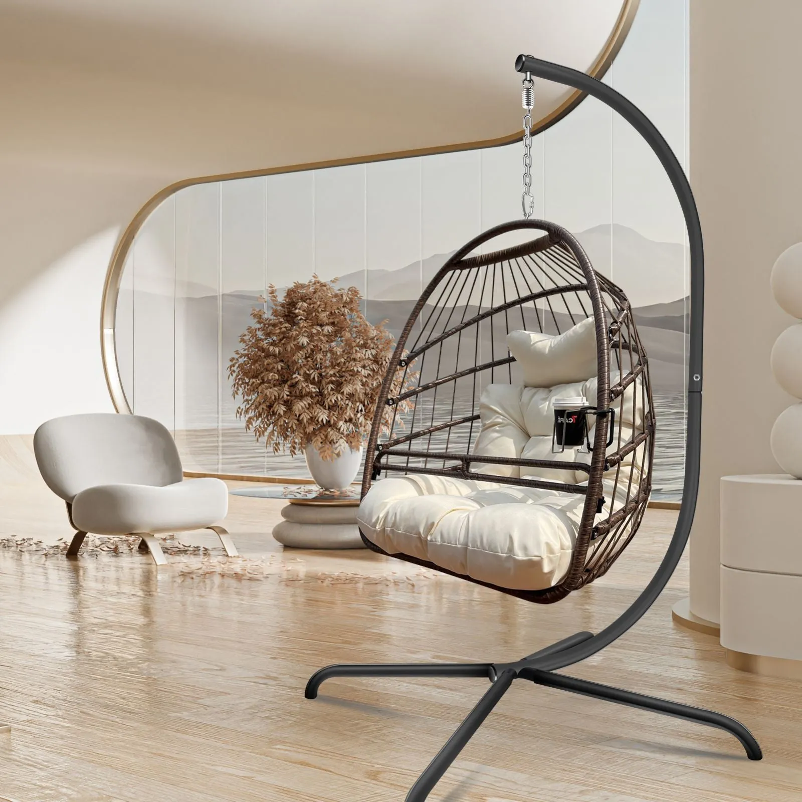 Swing Egg Chair With Stand Indoor Outdoor, UV Resistant Cushion Hanging Chair