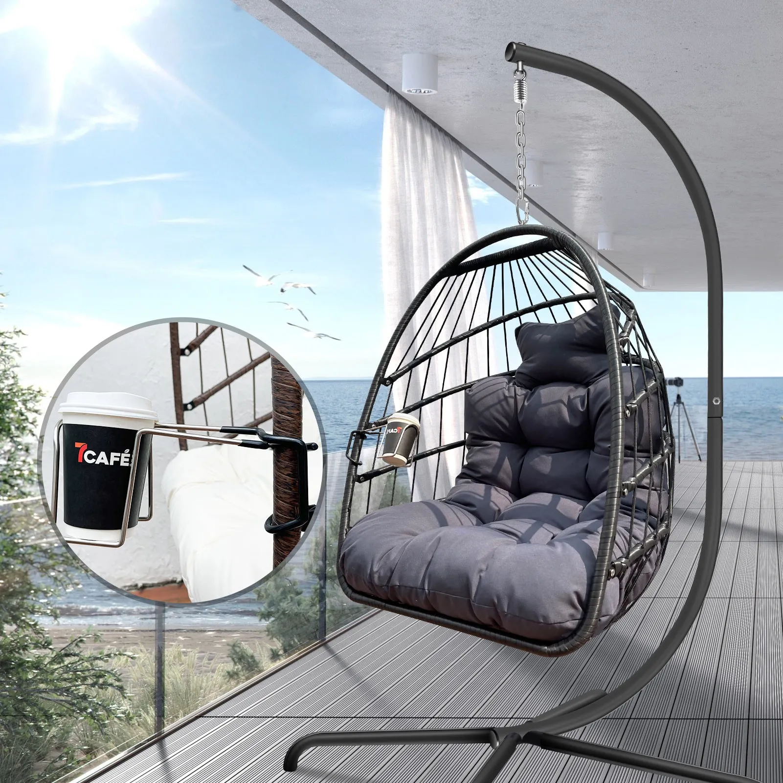 Swing Egg Chair With Stand Indoor Outdoor, UV Resistant Cushion Hanging Chair