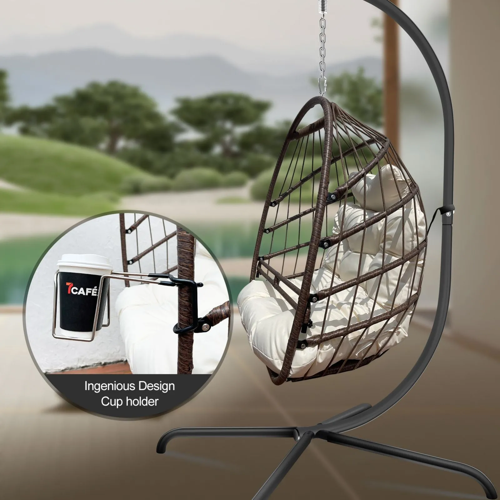 Swing Egg Chair With Stand Indoor Outdoor, UV Resistant Cushion Hanging Chair