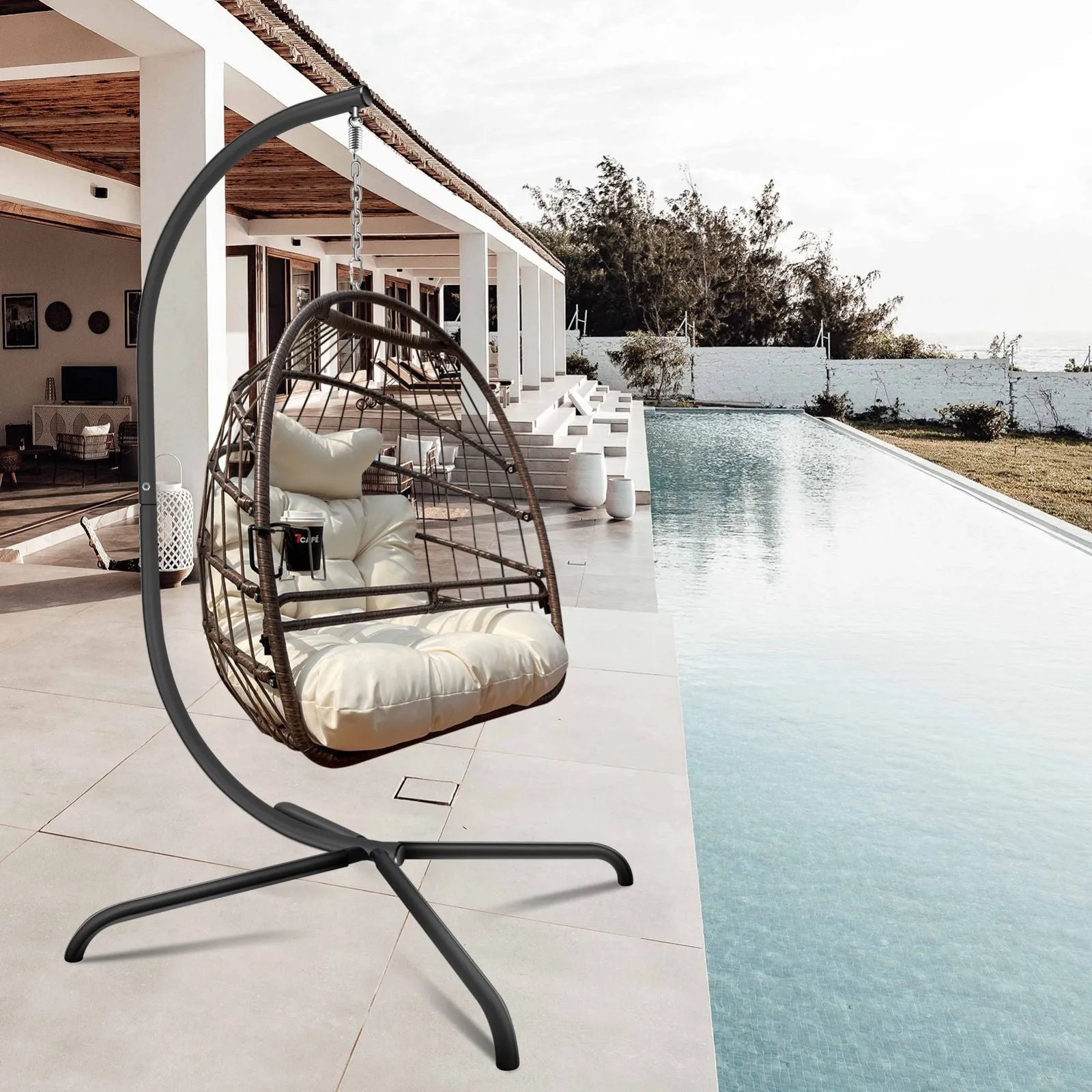 Swing Egg Chair With Stand Indoor Outdoor, UV Resistant Cushion Hanging Chair