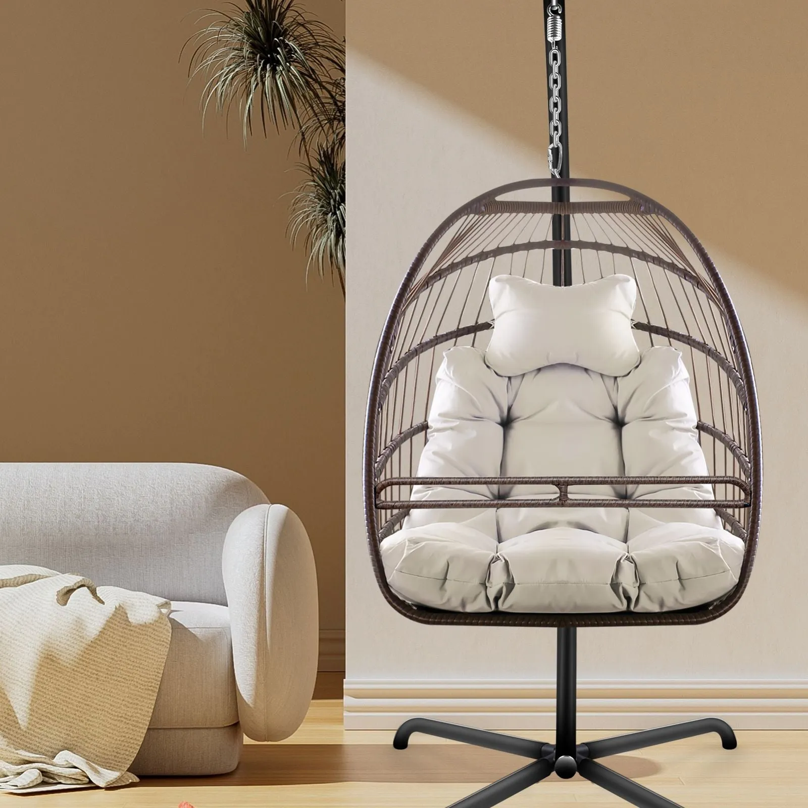 Swing Egg Chair With Stand Indoor Outdoor, UV Resistant Cushion Hanging Chair
