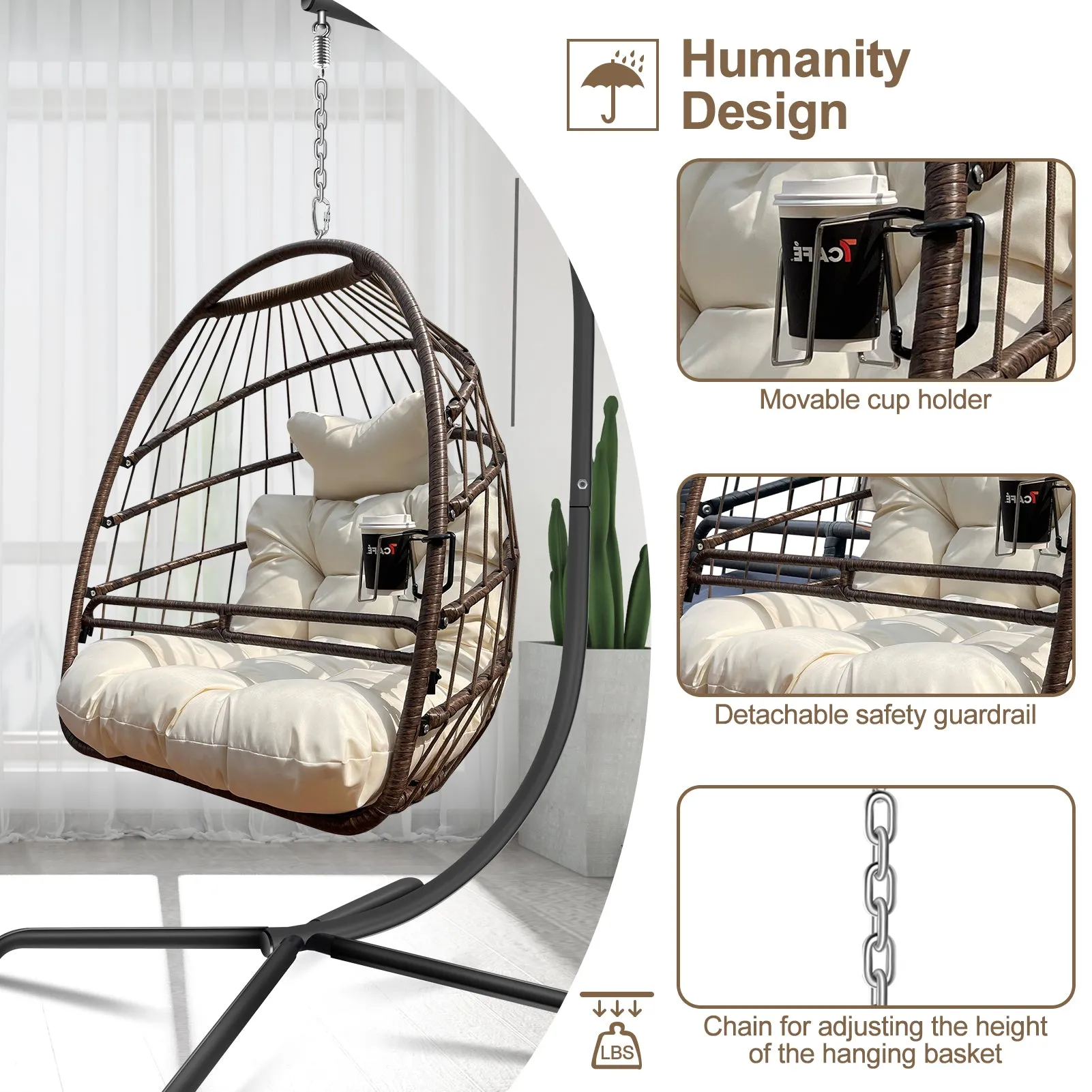 Swing Egg Chair With Stand Indoor Outdoor, UV Resistant Cushion Hanging Chair