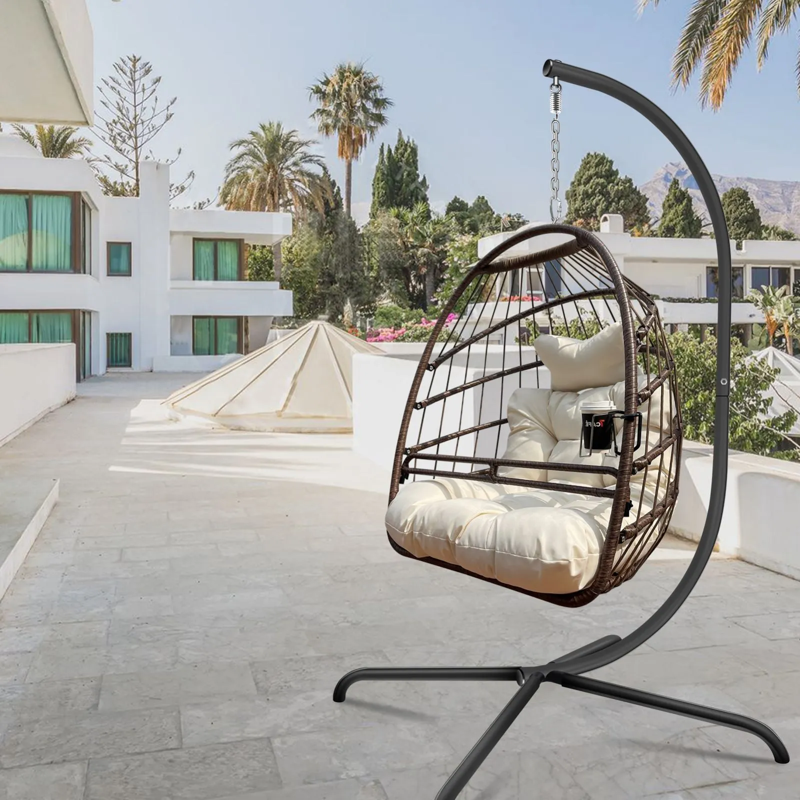 Swing Egg Chair With Stand Indoor Outdoor, UV Resistant Cushion Hanging Chair