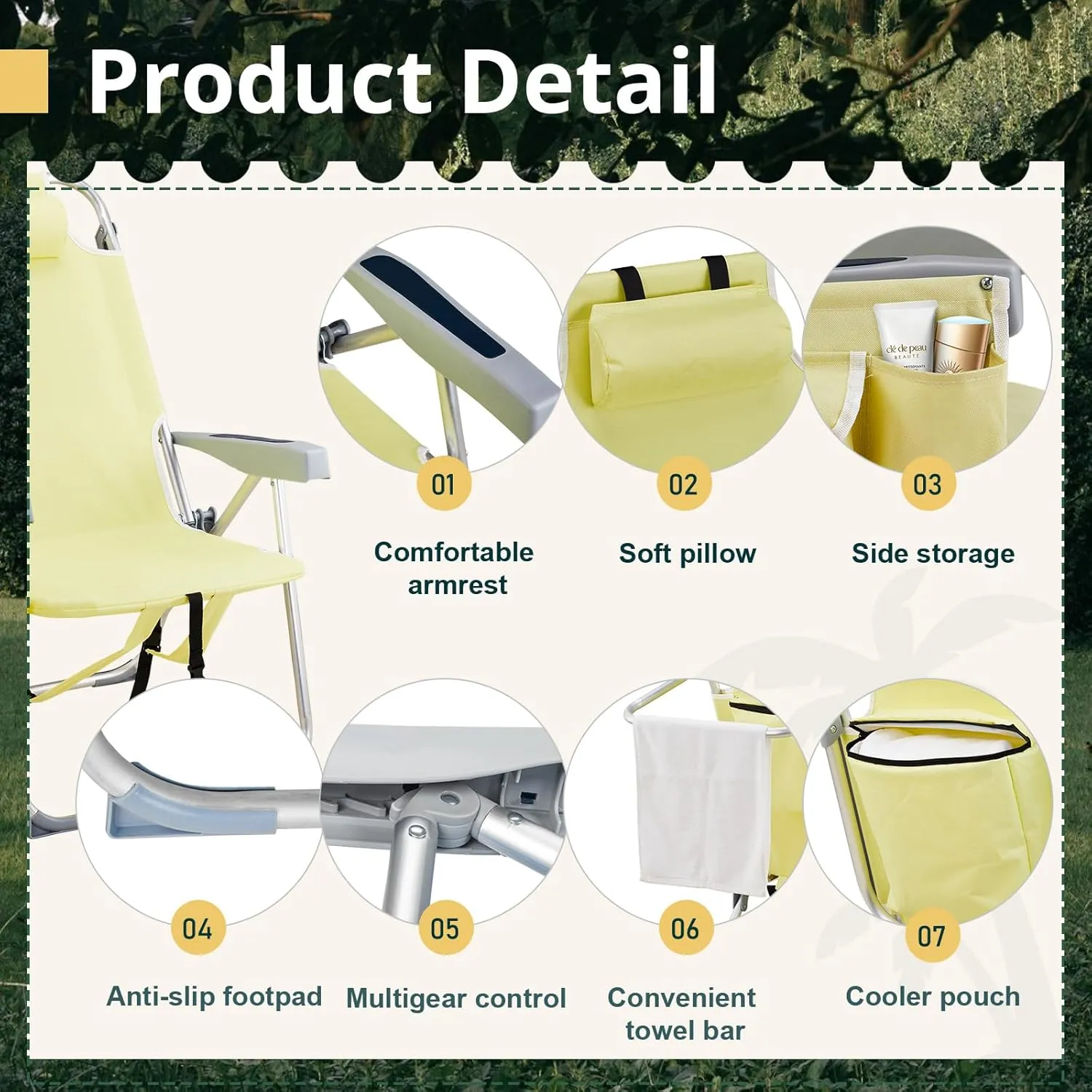 Tall Beach Chairs for Adults, 5-Position Reclining Backpack Beach Chair with Cooler & Storage Pouch, Portable Lightweight Folding Beach Chair with Aluminum Frame & Cup Holder, Supports 220lbs, Yellow