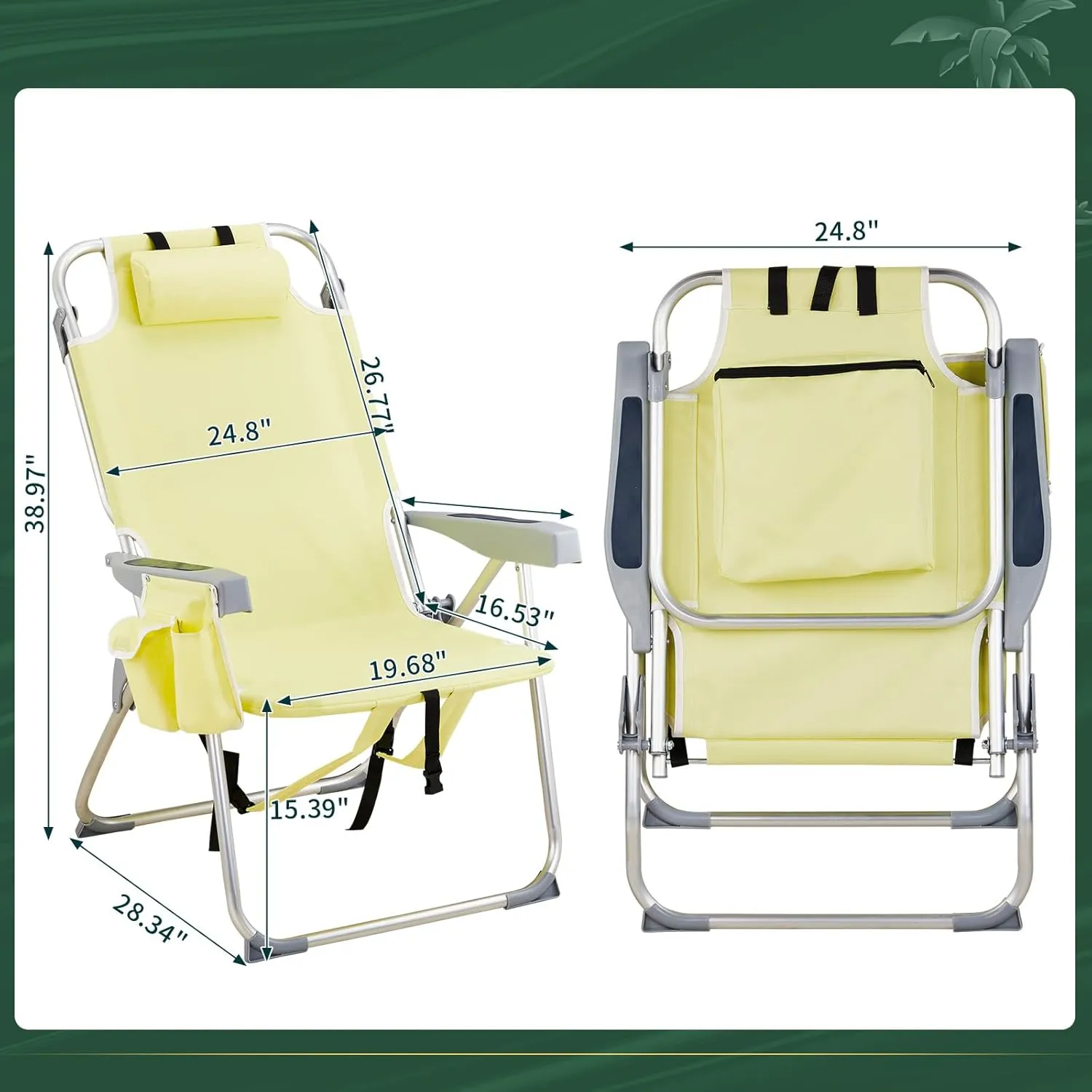 Tall Beach Chairs for Adults, 5-Position Reclining Backpack Beach Chair with Cooler & Storage Pouch, Portable Lightweight Folding Beach Chair with Aluminum Frame & Cup Holder, Supports 220lbs, Yellow