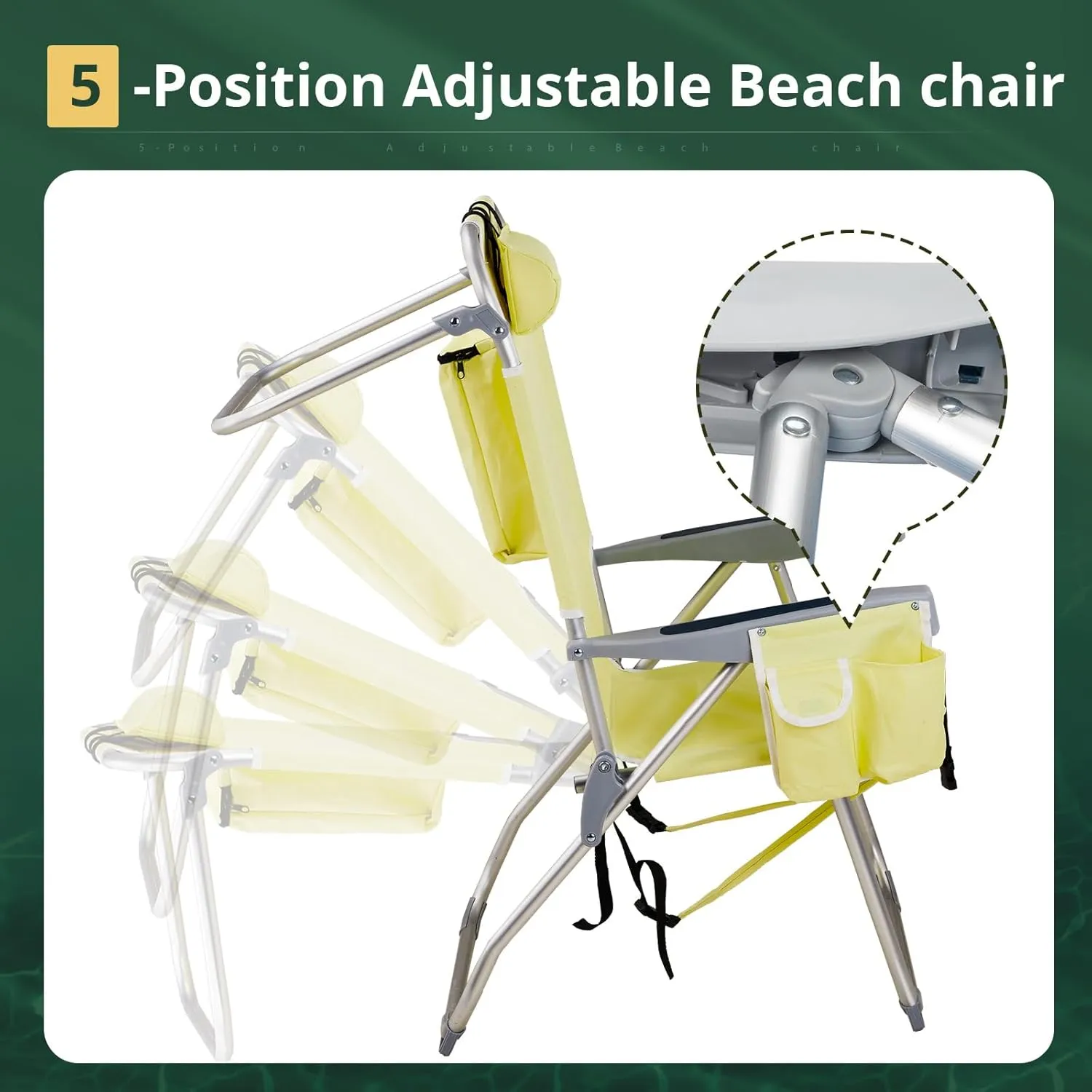 Tall Beach Chairs for Adults, 5-Position Reclining Backpack Beach Chair with Cooler & Storage Pouch, Portable Lightweight Folding Beach Chair with Aluminum Frame & Cup Holder, Supports 220lbs, Yellow