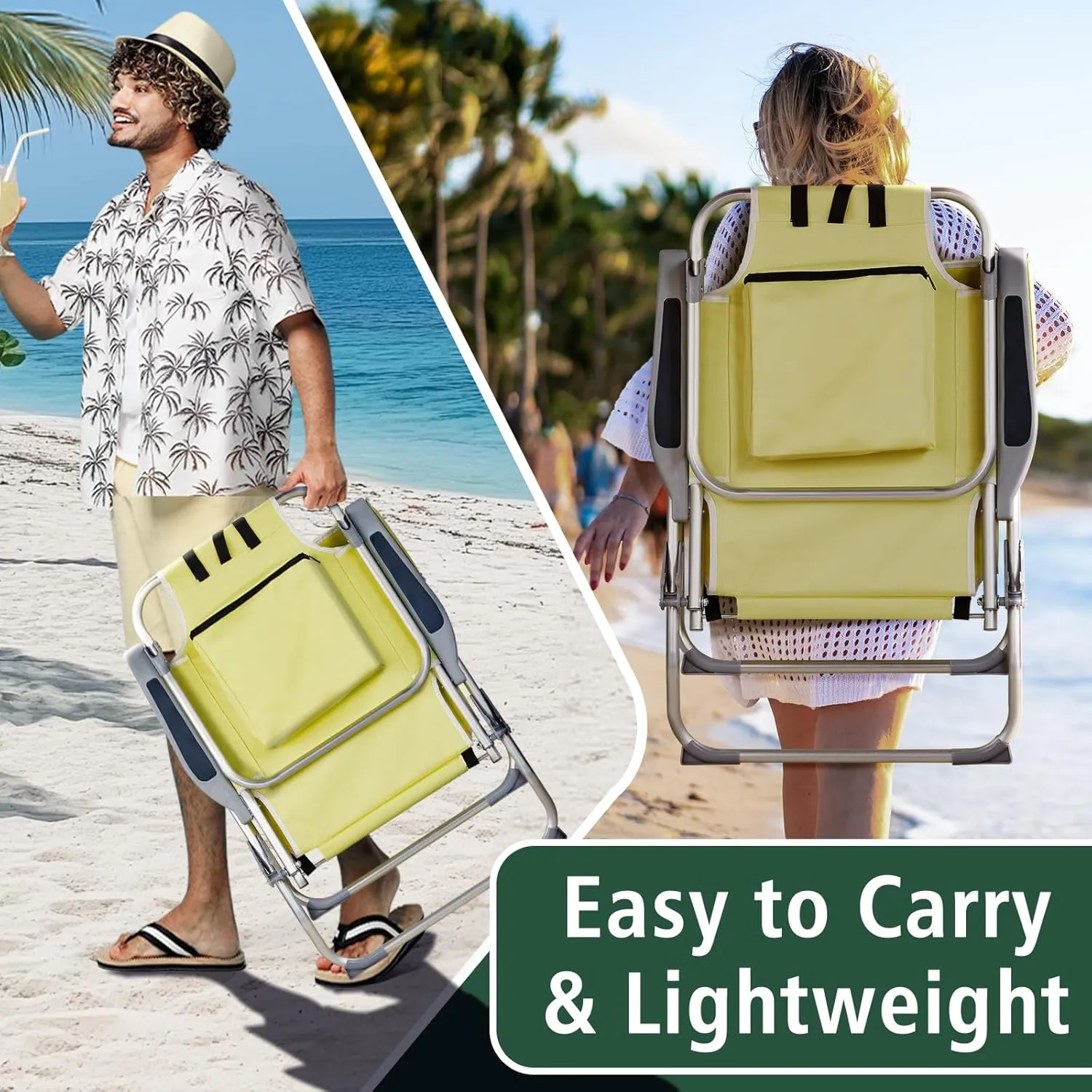 Tall Beach Chairs for Adults, 5-Position Reclining Backpack Beach Chair with Cooler & Storage Pouch, Portable Lightweight Folding Beach Chair with Aluminum Frame & Cup Holder, Supports 220lbs, Yellow