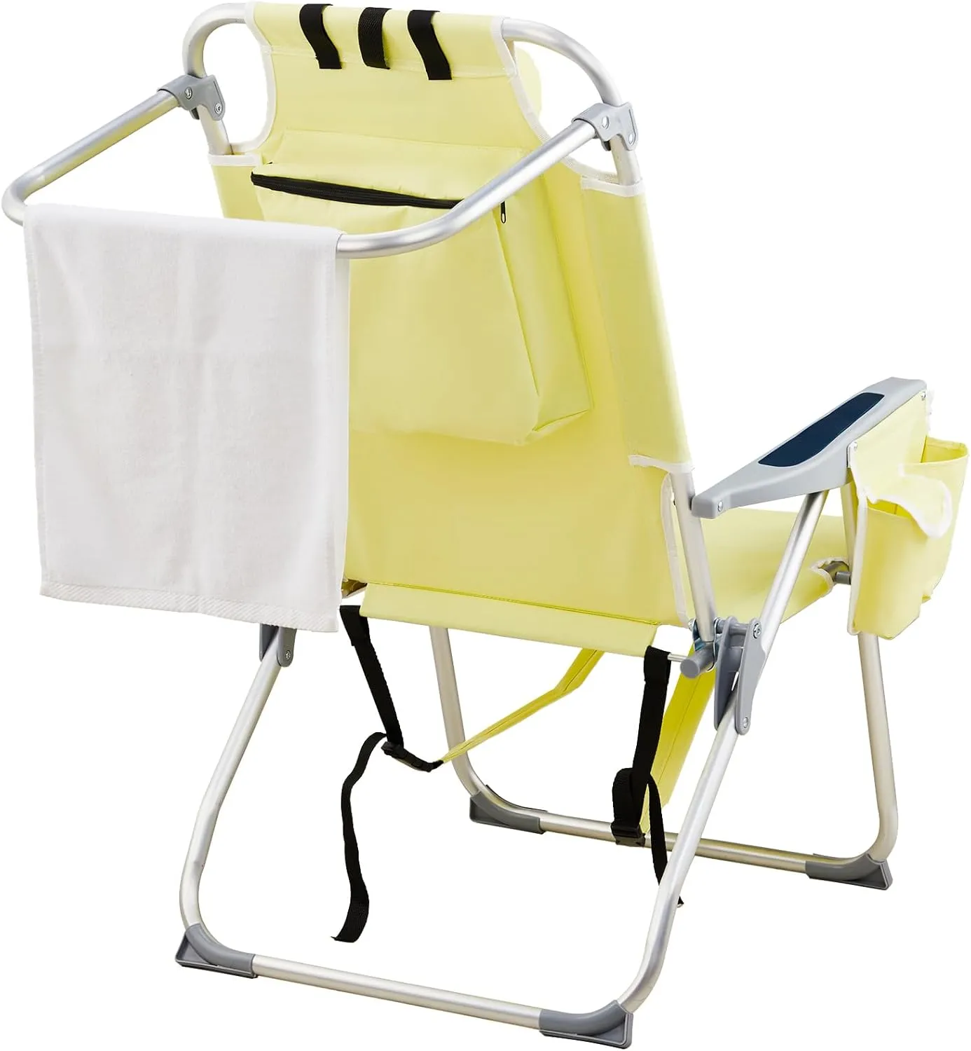 Tall Beach Chairs for Adults, 5-Position Reclining Backpack Beach Chair with Cooler & Storage Pouch, Portable Lightweight Folding Beach Chair with Aluminum Frame & Cup Holder, Supports 220lbs, Yellow