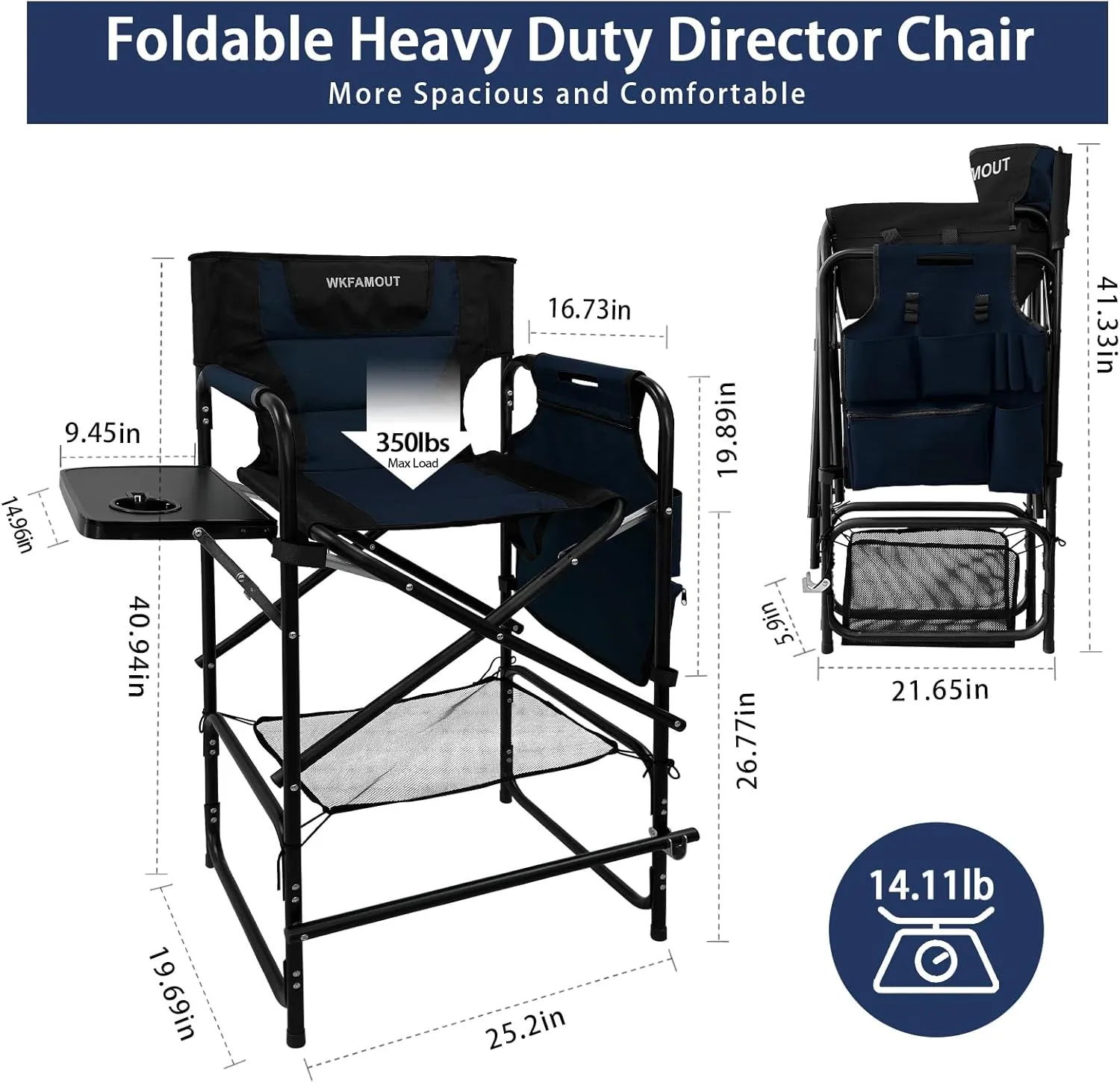 Tall Folding Directors Chair with Side Table 26.77" Seat Height Foldable Camping Chair Bar Stool for Makeup Artist Face Painting with Footrest and Storage Pocket Supports 350LBS