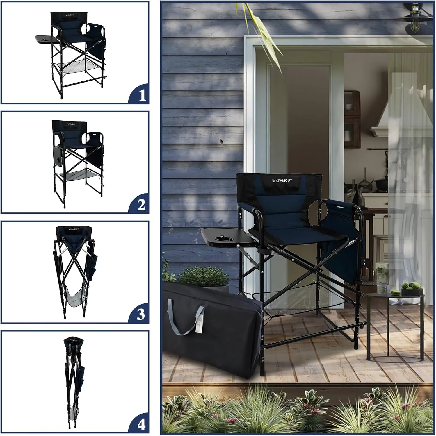 Tall Folding Directors Chair with Side Table 26.77" Seat Height Foldable Camping Chair Bar Stool for Makeup Artist Face Painting with Footrest and Storage Pocket Supports 350LBS