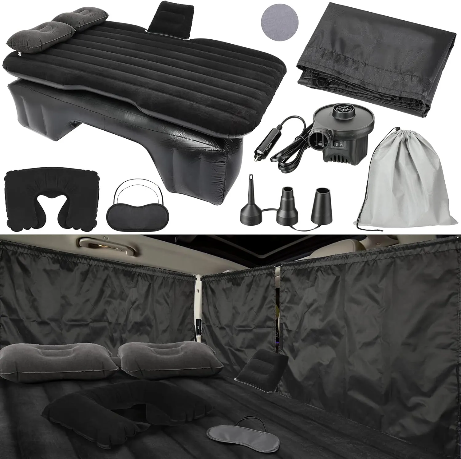 Tallew 12 Pcs Car Air Mattress Back Seat Inflatable Bed SUV Car Camping Backseat Truck Air Mattress Curtain Divider Window Shade Cover Portable Travel Sleeping Set