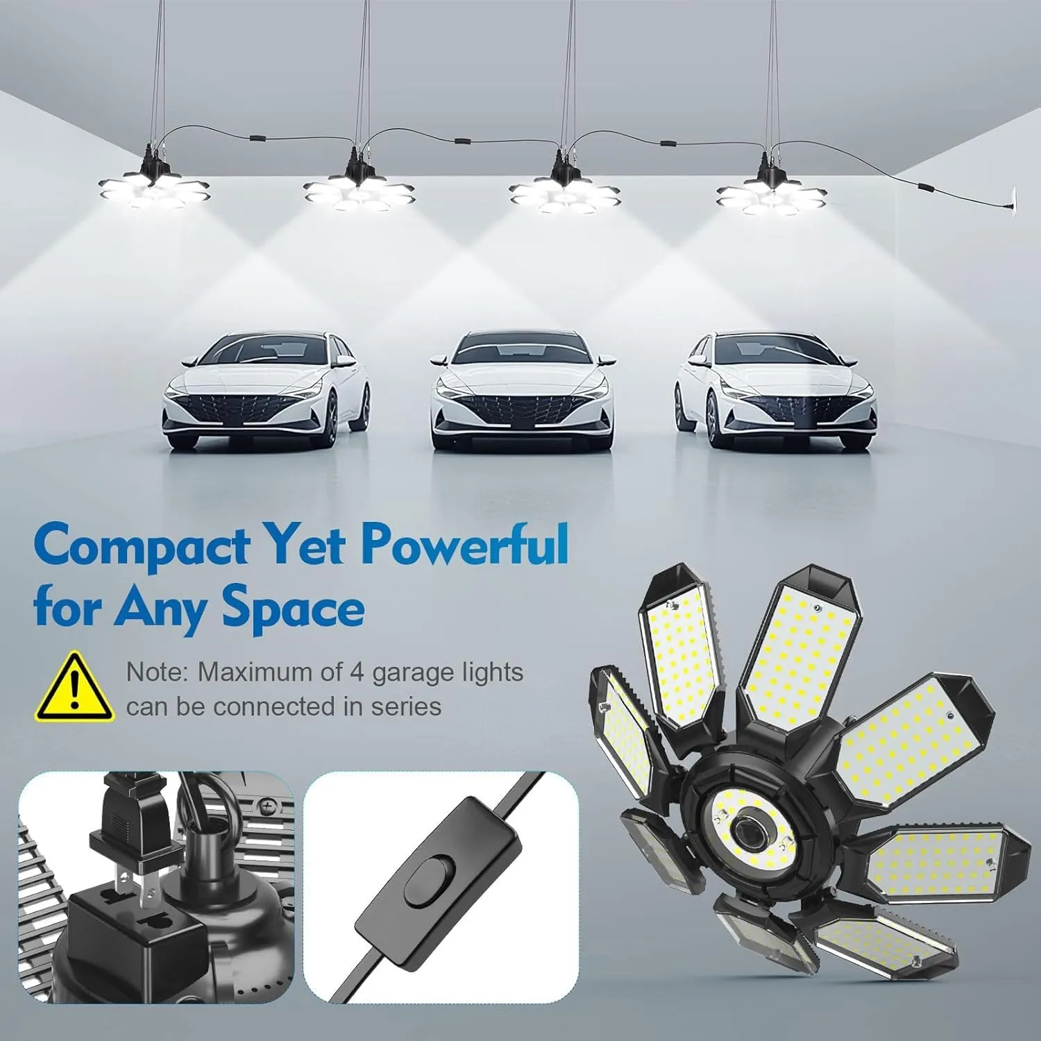 TANBABY Upgrade 250W LED Garage Lights Plug in 2 Pack, Total 50000LM Deformable Garage Lights Ceiling LED Plug in Cord, Plug in Shop Lights for Garage Lighting with 8 1 Panels Garage Bulb for Basement