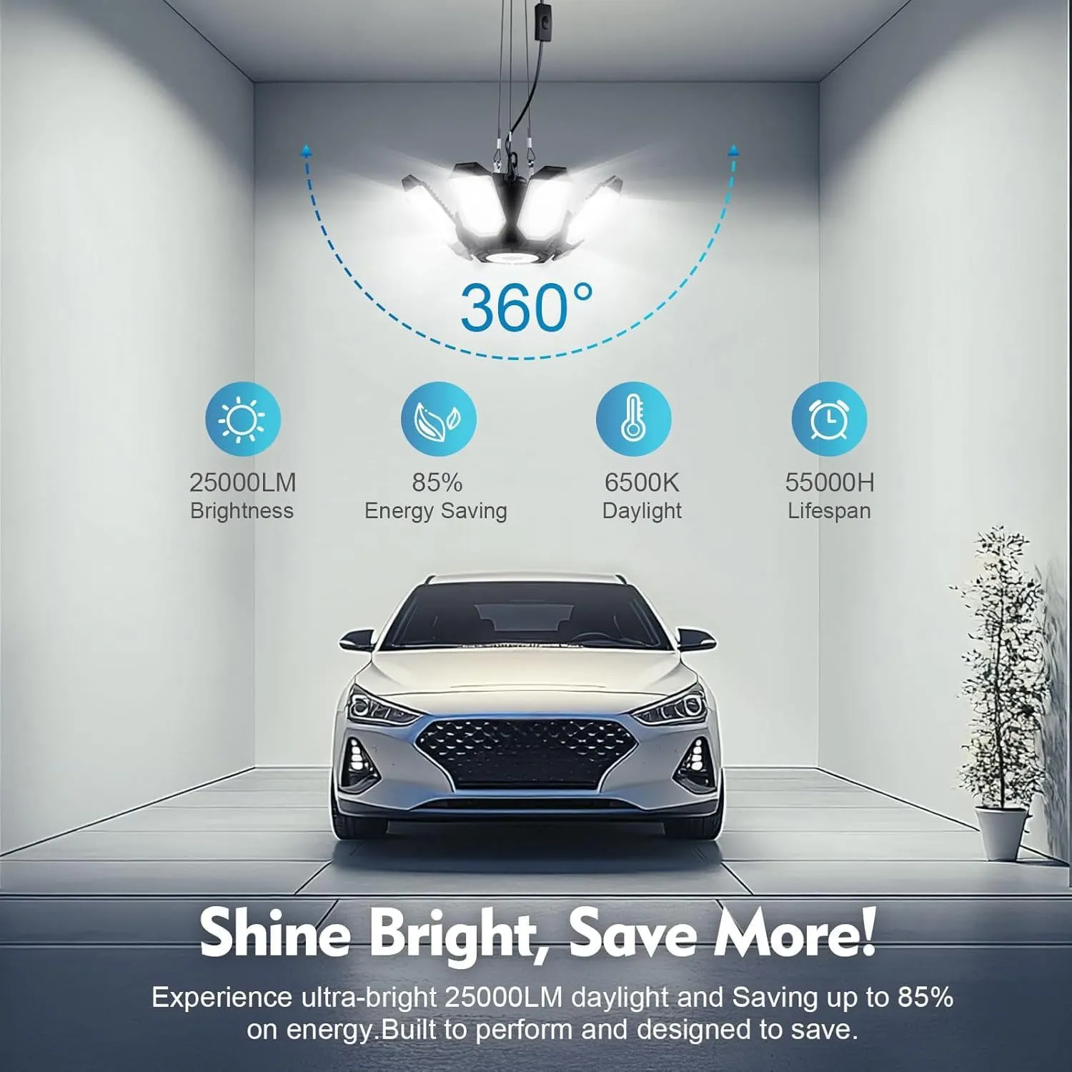 TANBABY Upgrade 250W LED Garage Lights Plug in 2 Pack, Total 50000LM Deformable Garage Lights Ceiling LED Plug in Cord, Plug in Shop Lights for Garage Lighting with 8 1 Panels Garage Bulb for Basement