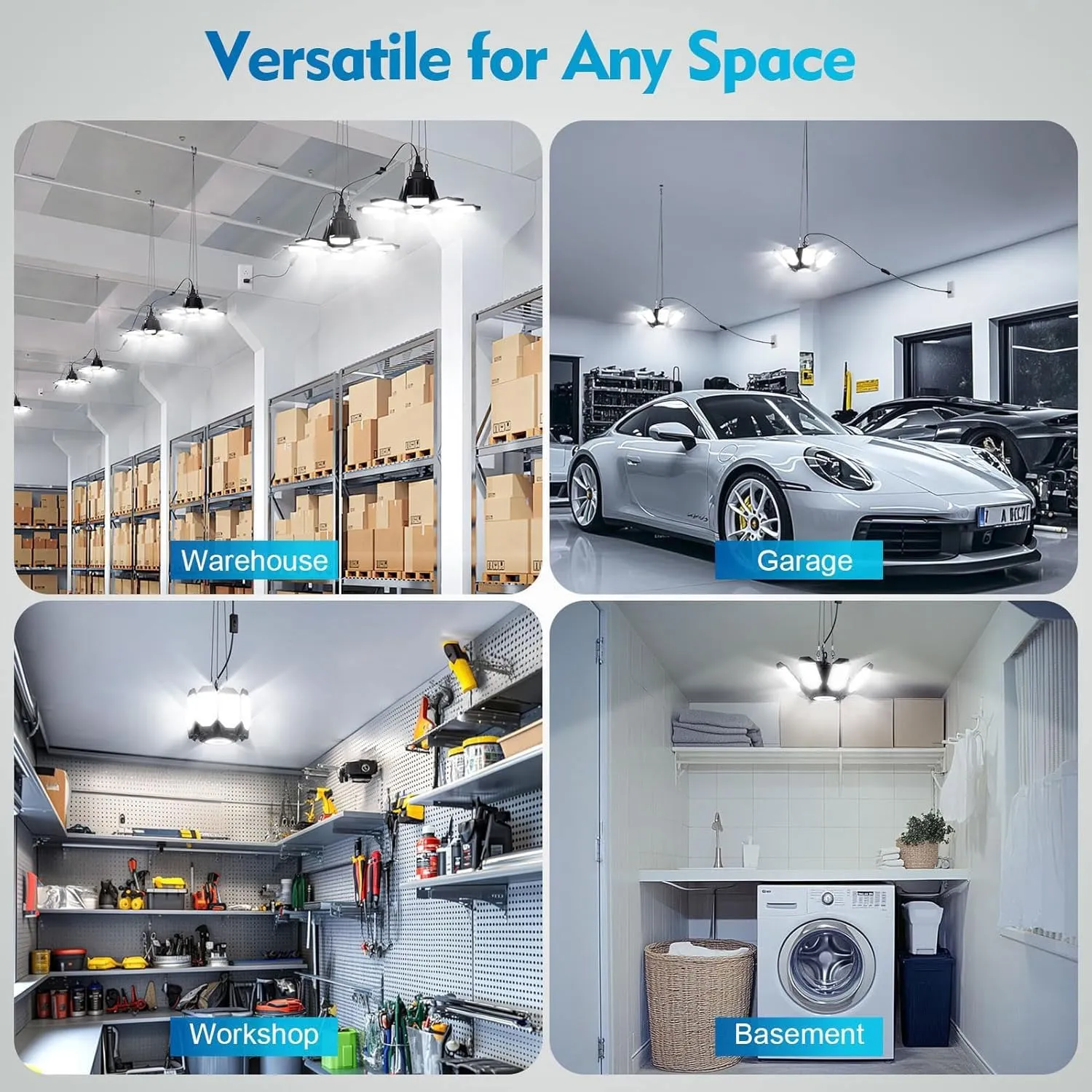 TANBABY Upgrade 250W LED Garage Lights Plug in 2 Pack, Total 50000LM Deformable Garage Lights Ceiling LED Plug in Cord, Plug in Shop Lights for Garage Lighting with 8 1 Panels Garage Bulb for Basement