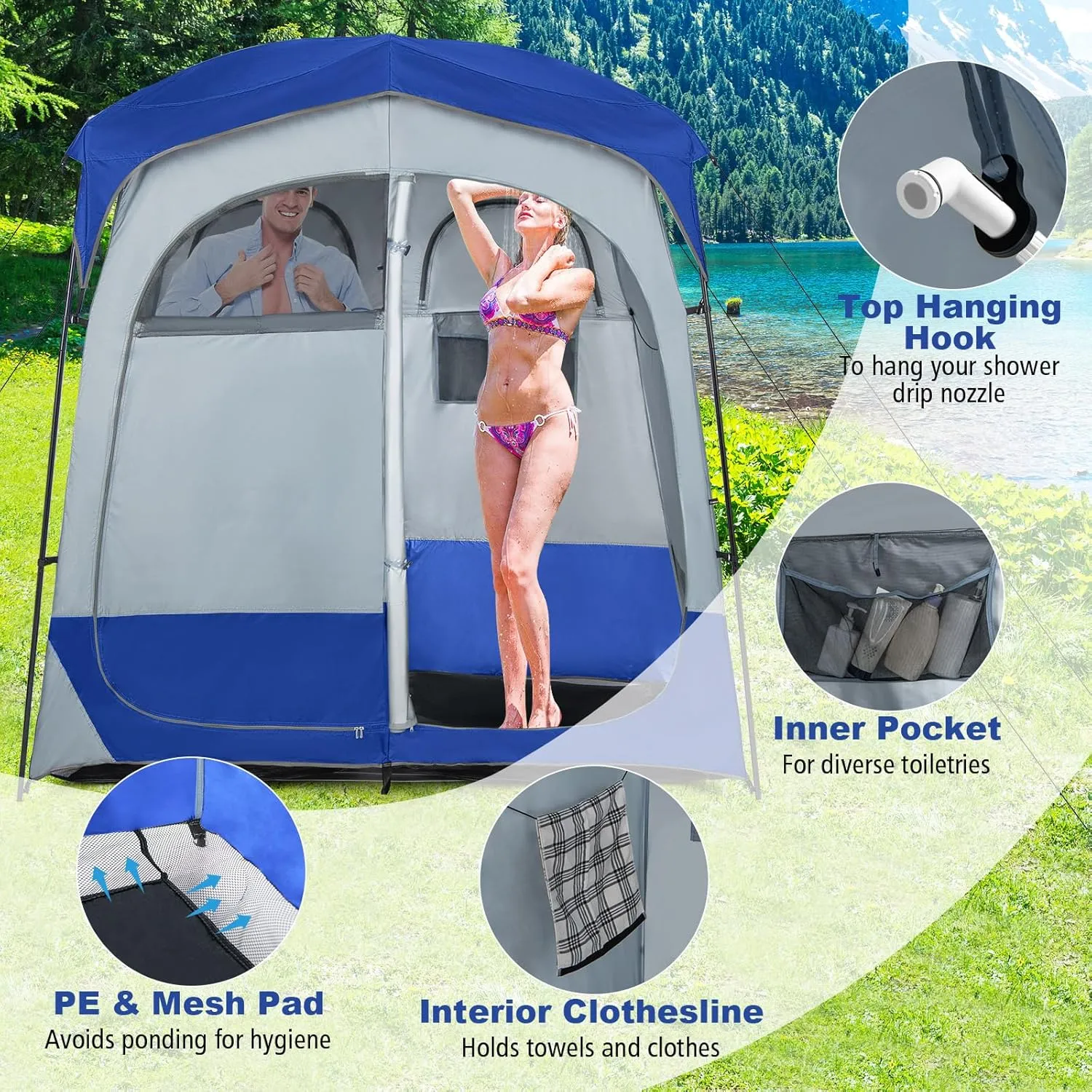 Tangkula Double Room Shower Tent, Oversize Space Privacy Tent with Floor, Removable Rain Fly, Inside Pocket, Clothesline, Top Hook, Portable Outdoor Changing Tent for Dressing, Camping, Toilet