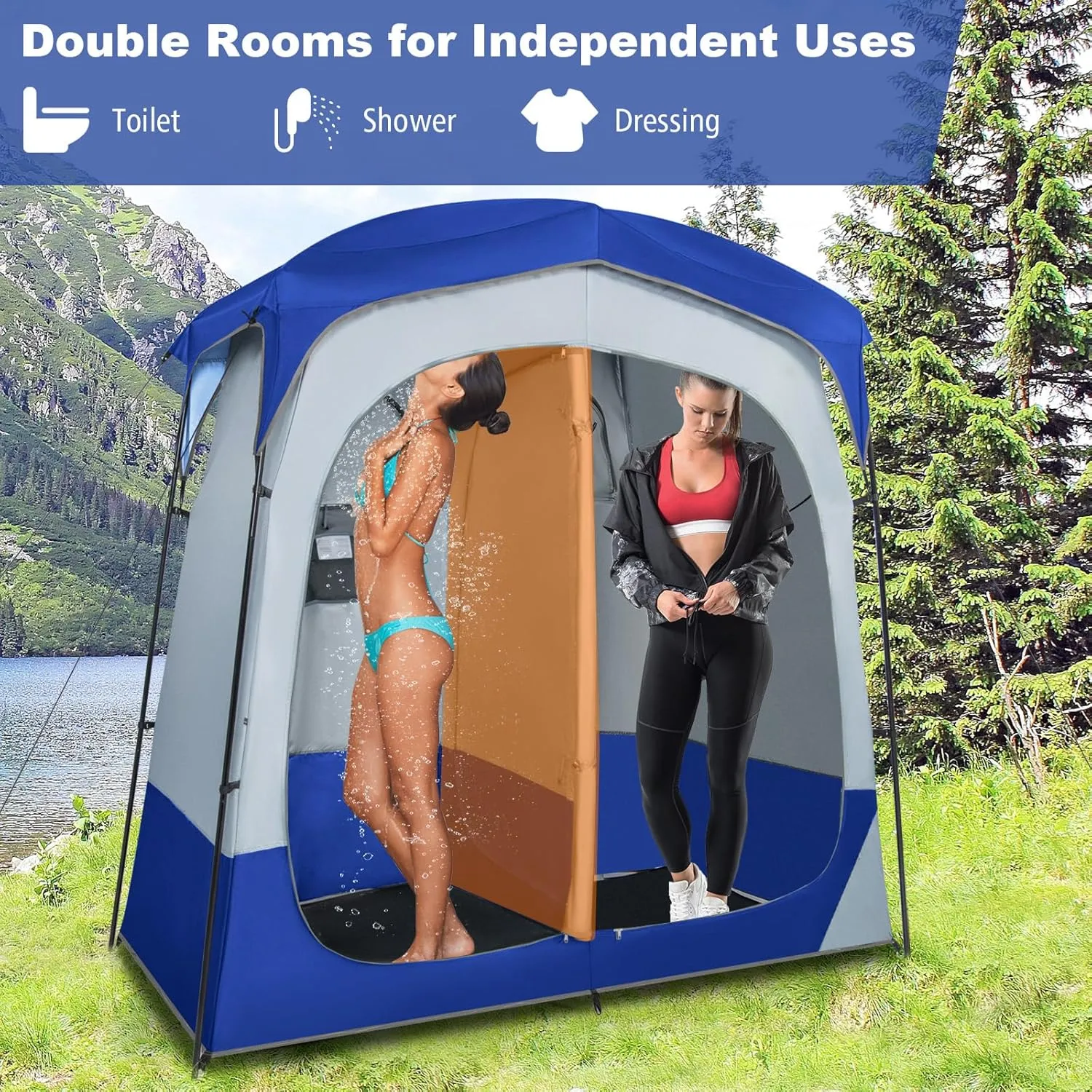 Tangkula Double Room Shower Tent, Oversize Space Privacy Tent with Floor, Removable Rain Fly, Inside Pocket, Clothesline, Top Hook, Portable Outdoor Changing Tent for Dressing, Camping, Toilet